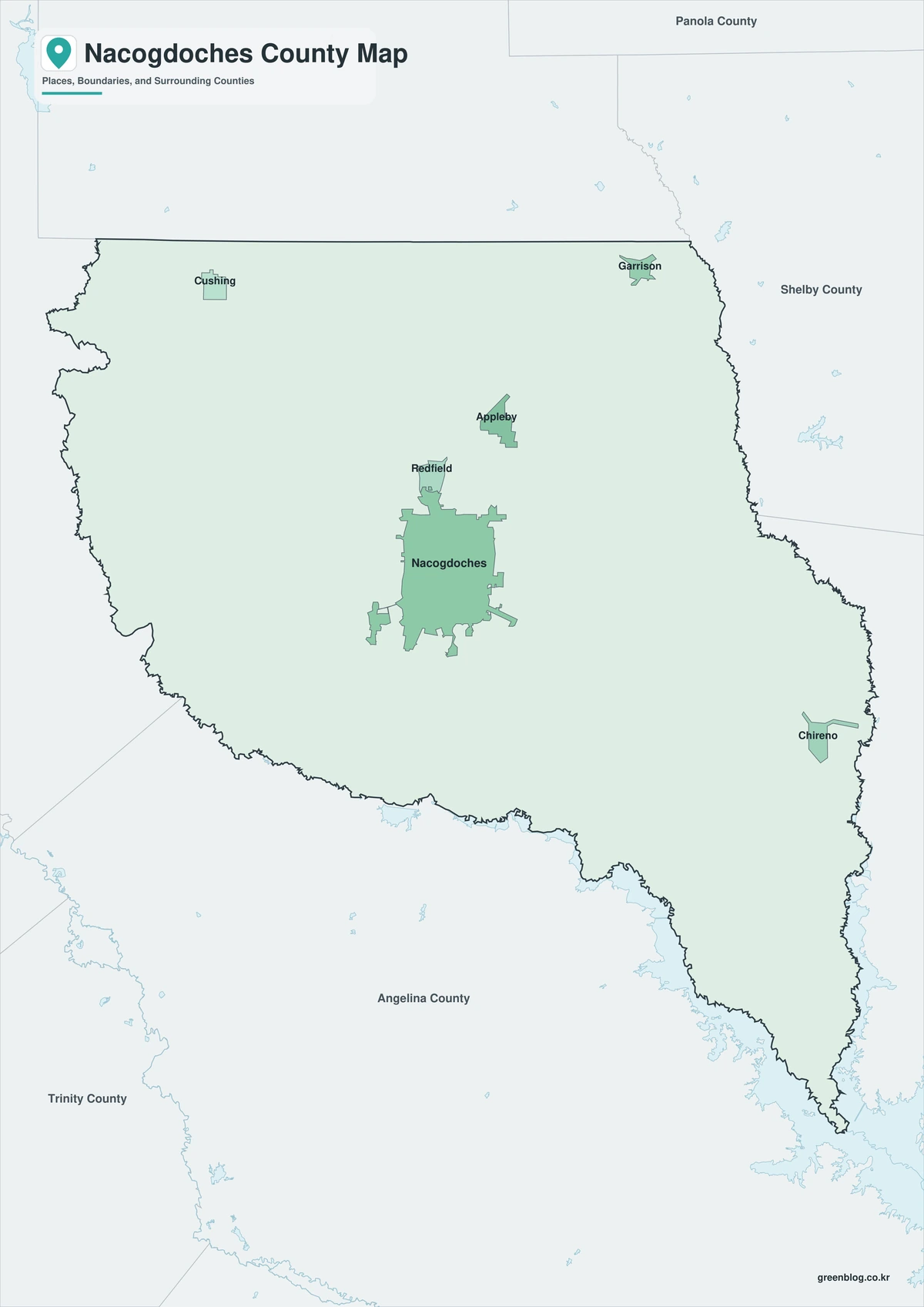 Color Nacogdoches County Texas map with selected communities