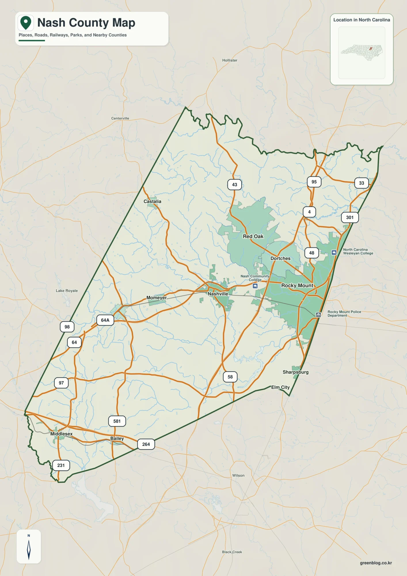 Nash County North Carolina map showing Nashville and Tar River