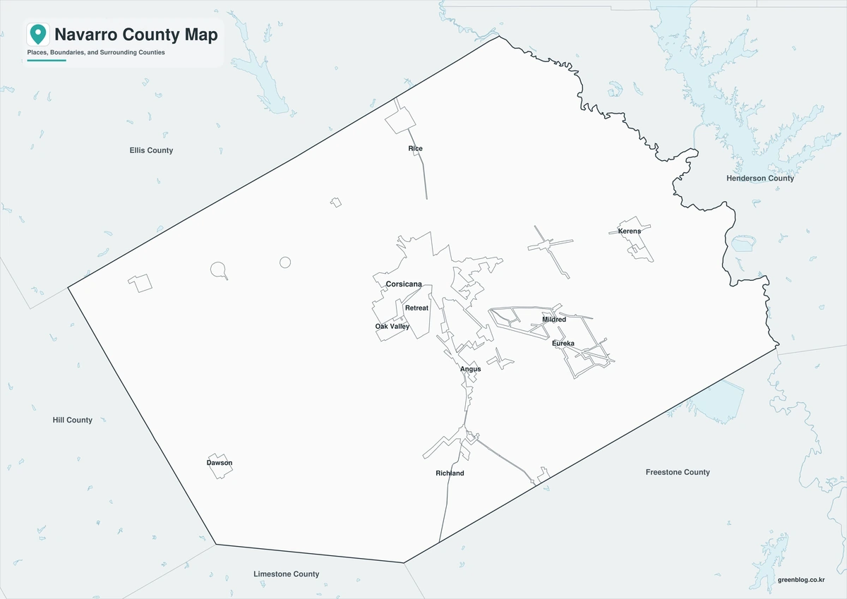 Black and white Navarro County map with Corsicana Frost and Dawson