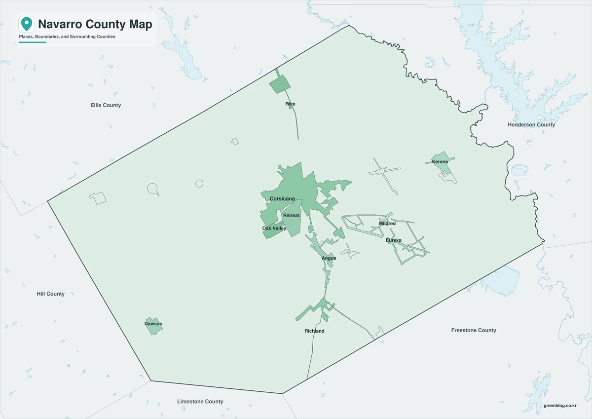 Color map of Navarro County with Corsicana Kerens and Richland-Chambers Reservoir