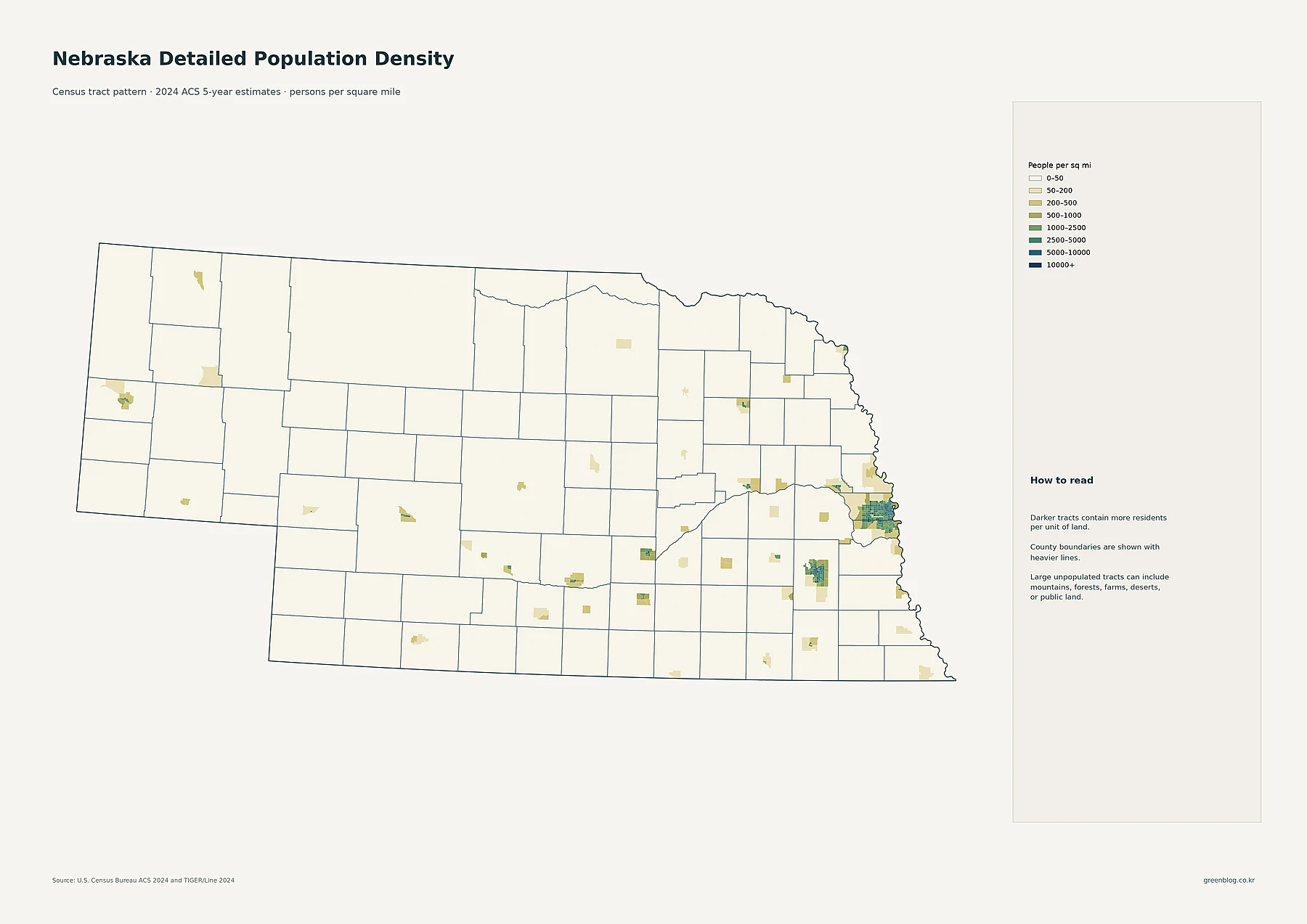 Nebraska detailed census tract population density using 2024 ACS estimates