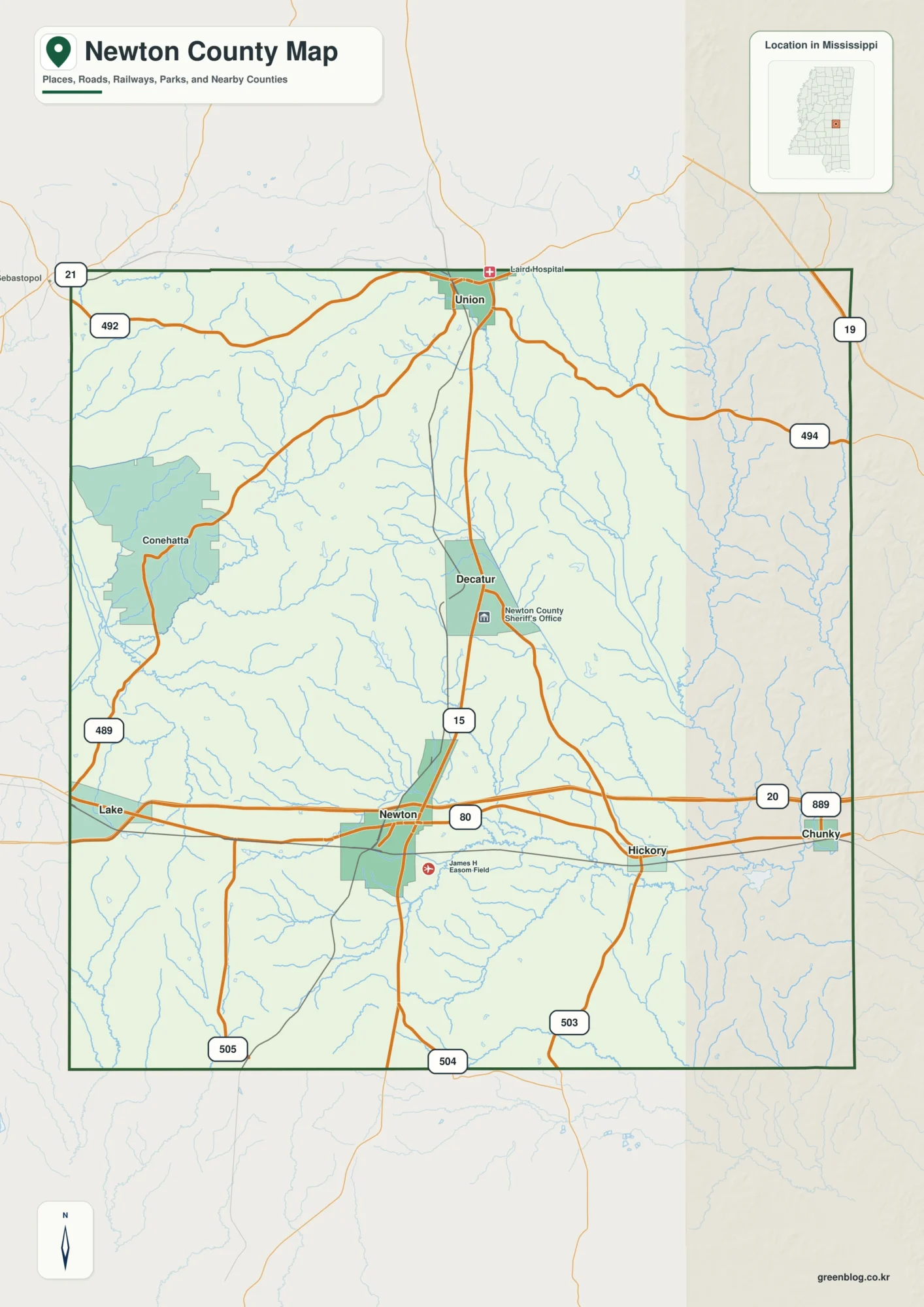 Newton County Mississippi map showing Decatur, selected communities, roads, and landscape features
