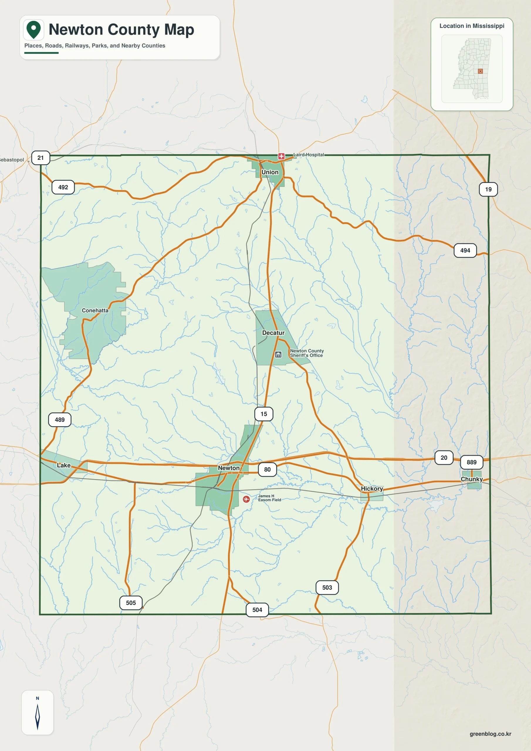 Newton County Mississippi map showing Decatur, selected communities, roads, and landscape features