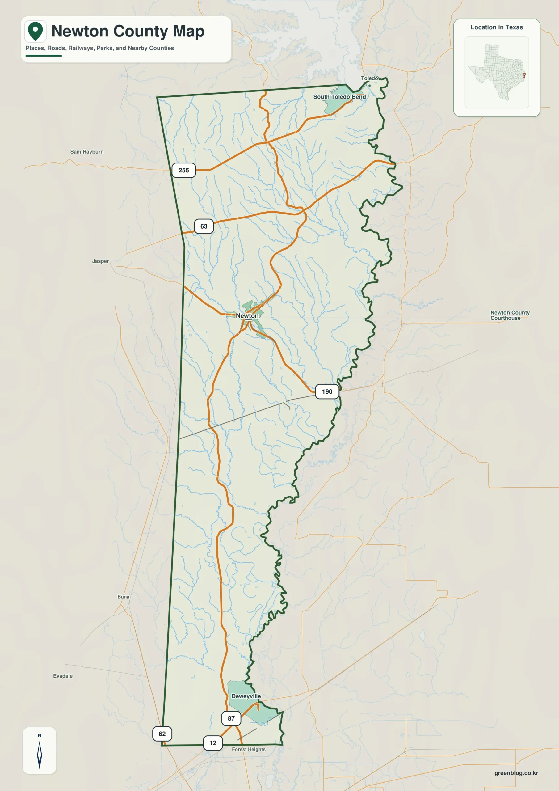 Newton County Texas map showing Newton and selected communities