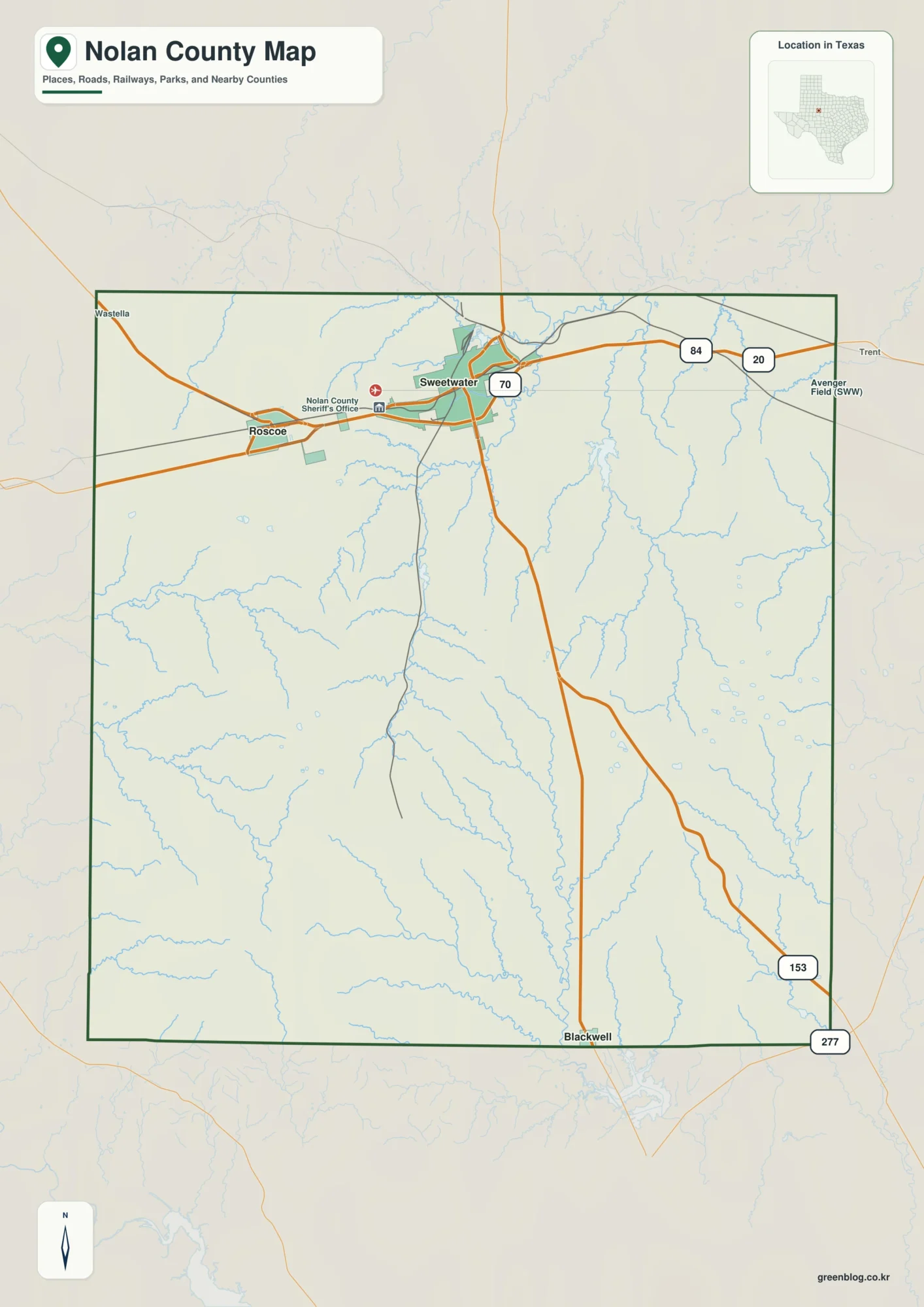 Nolan County Texas map showing Sweetwater and selected communities