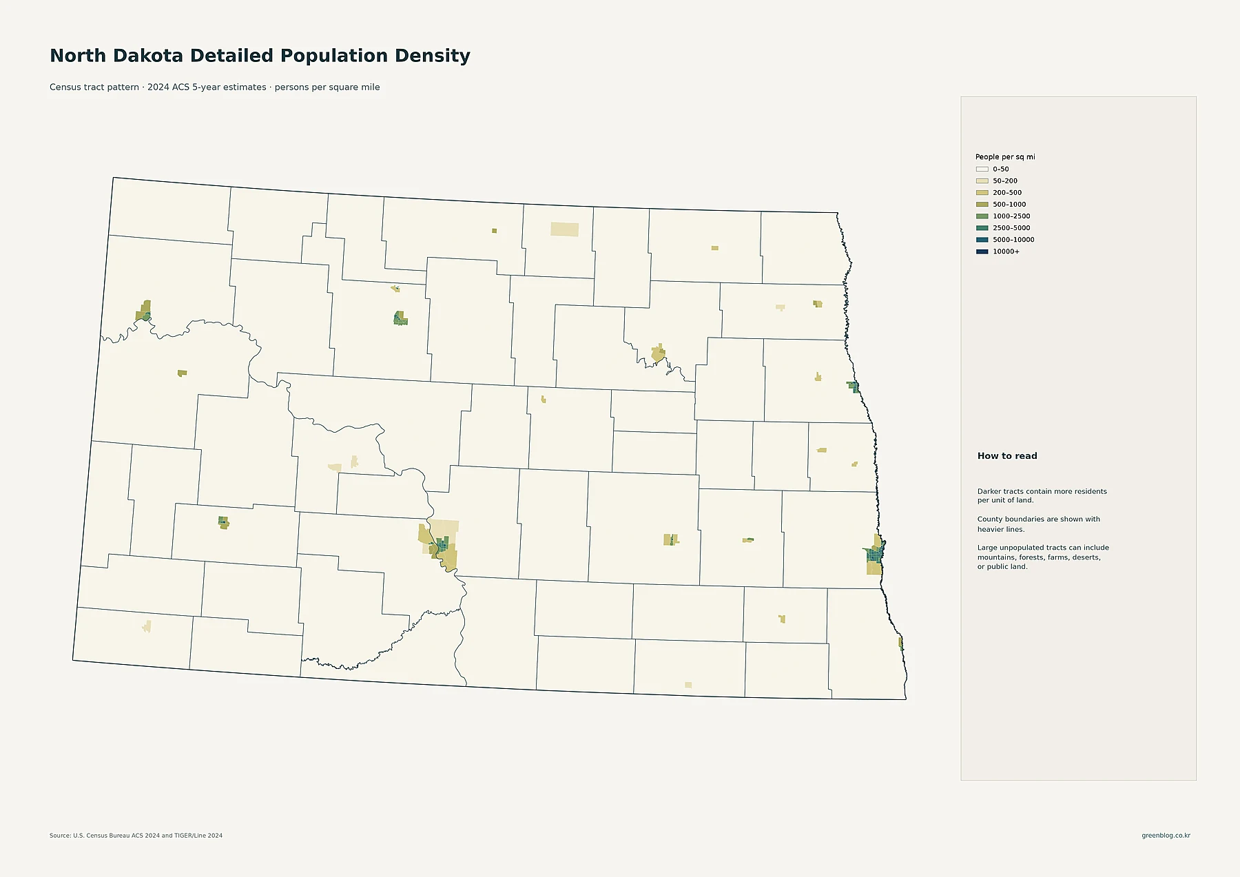 North Dakota detailed census tract population density based on 2024 ACS estimates