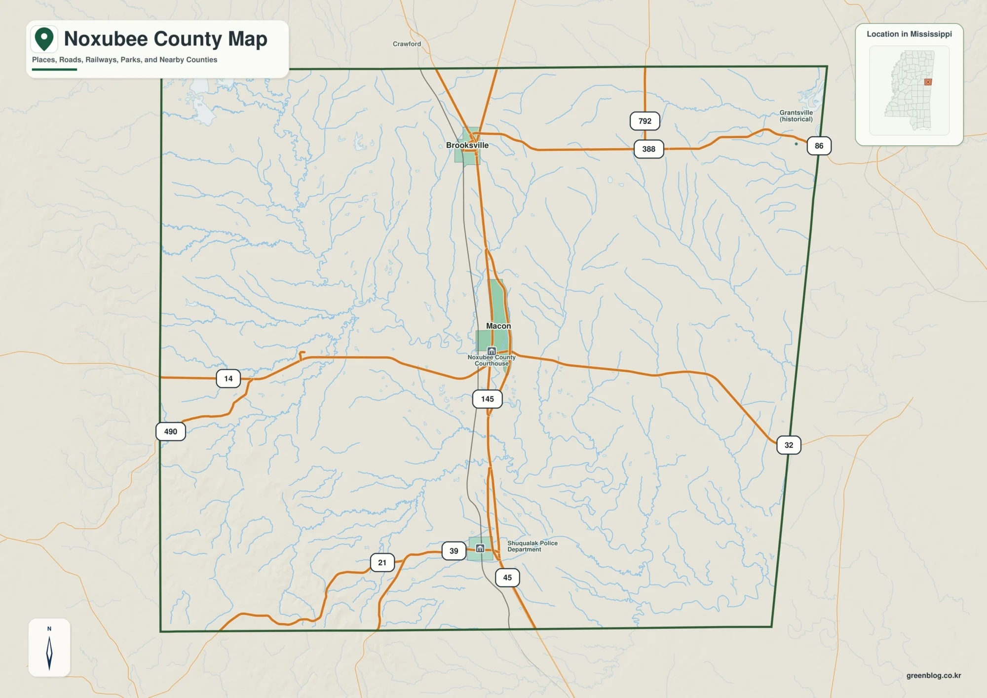 Noxubee County Mississippi map showing Macon, selected communities, roads, and landscape features