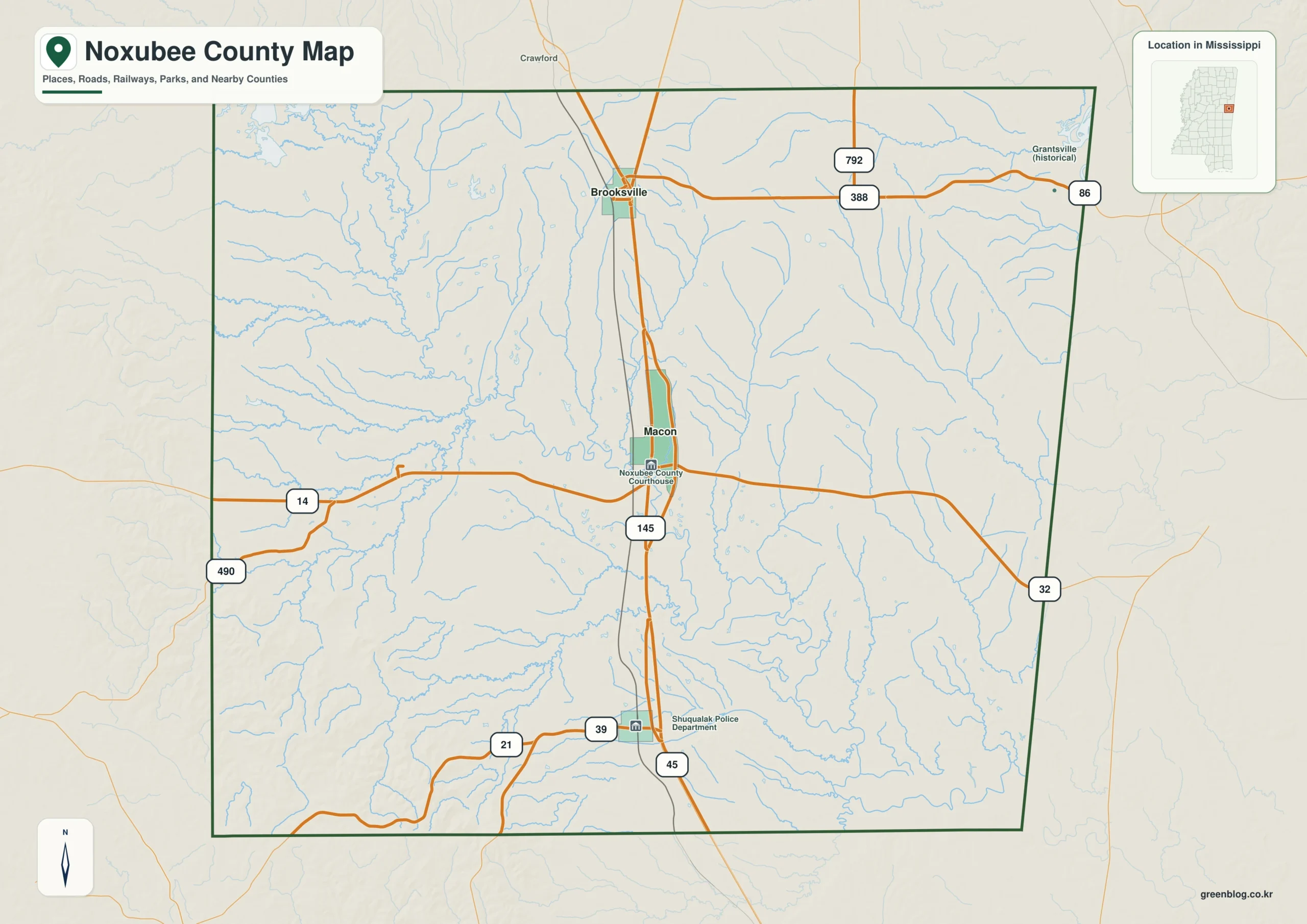 Noxubee County Mississippi map showing Macon, selected communities, roads, and landscape features