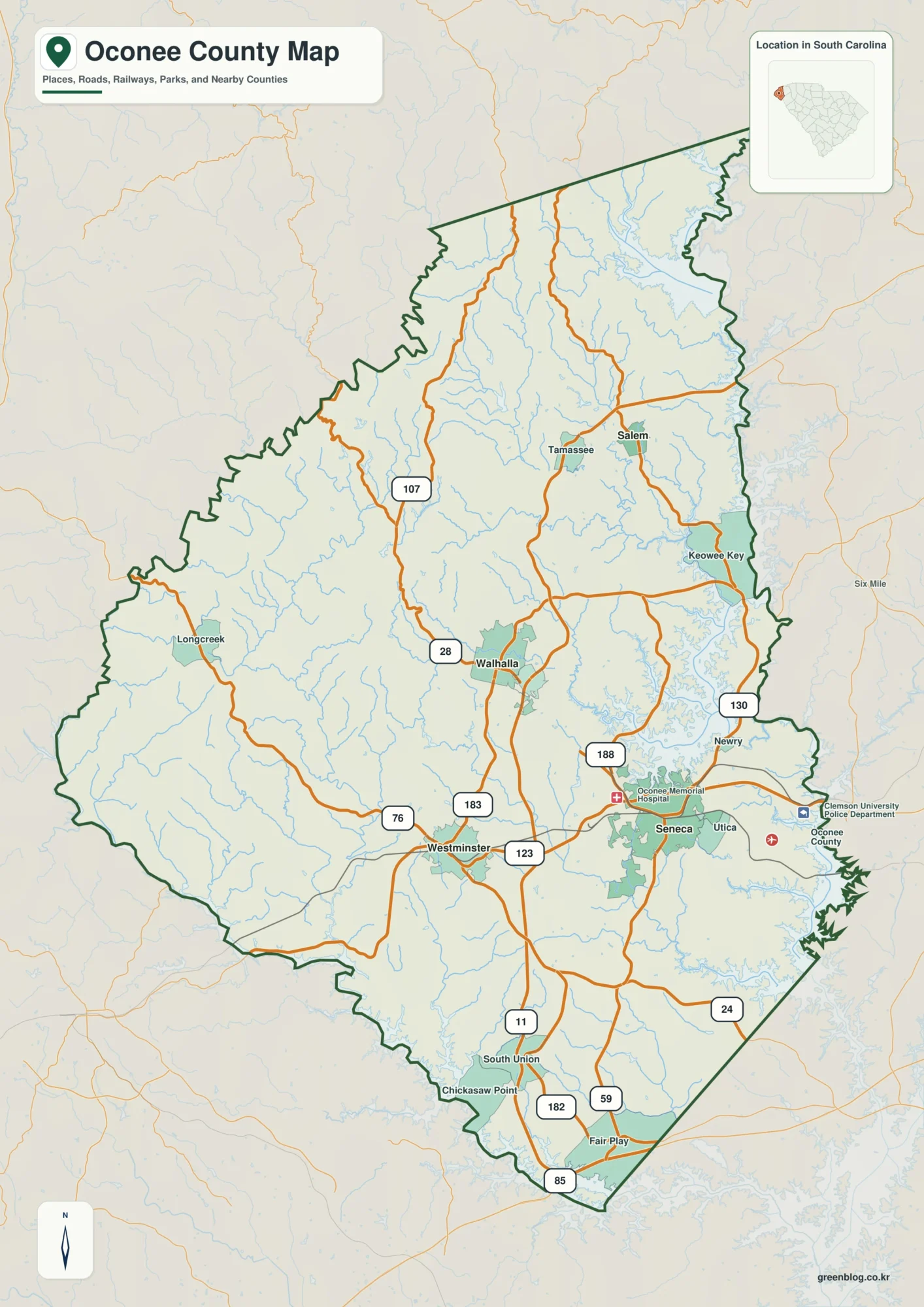 Oconee County South Carolina map with the county boundary and reference names for Walhalla and Seneca