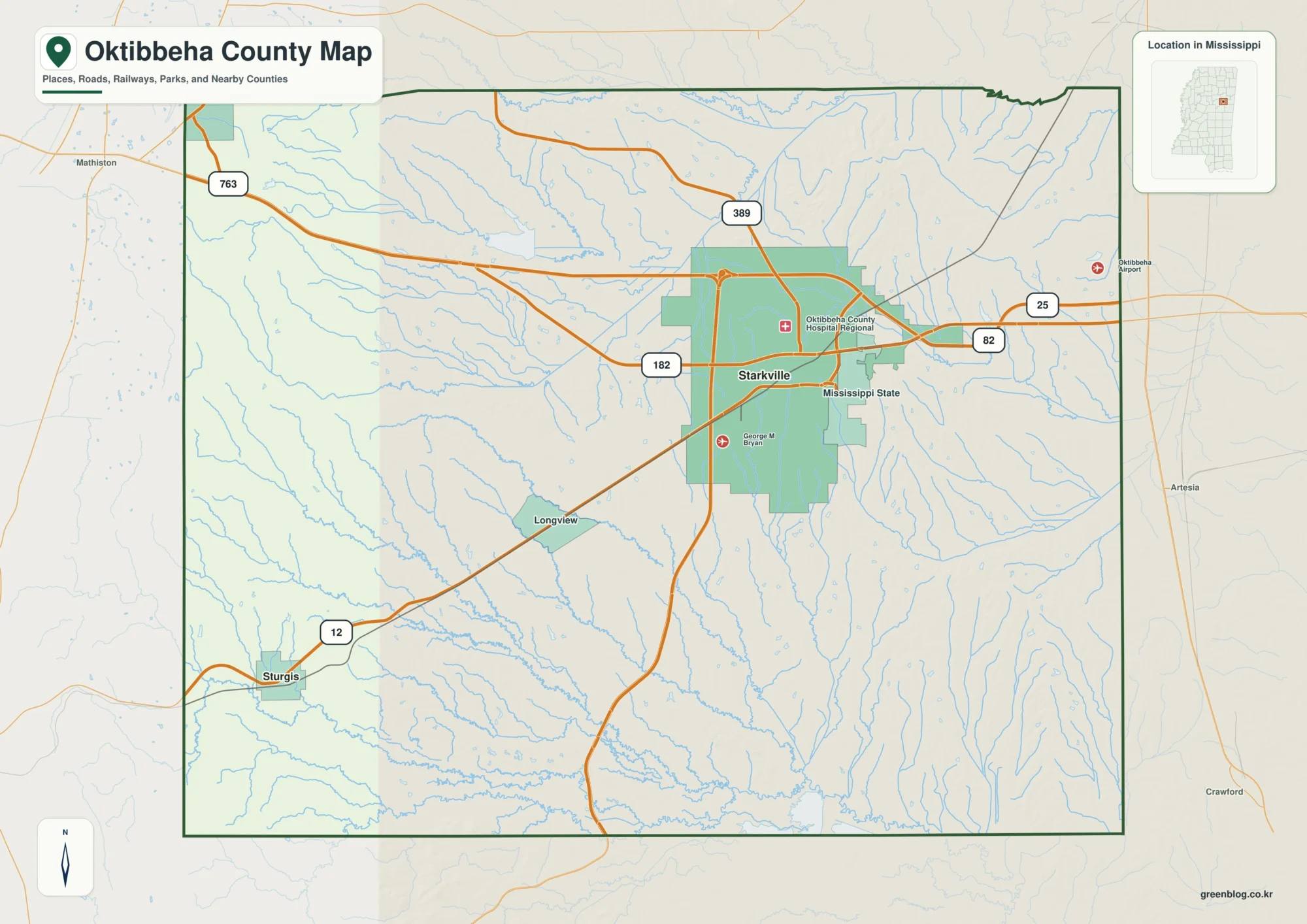 Oktibbeha County Mississippi map showing Starkville, selected communities, roads, and landscape features