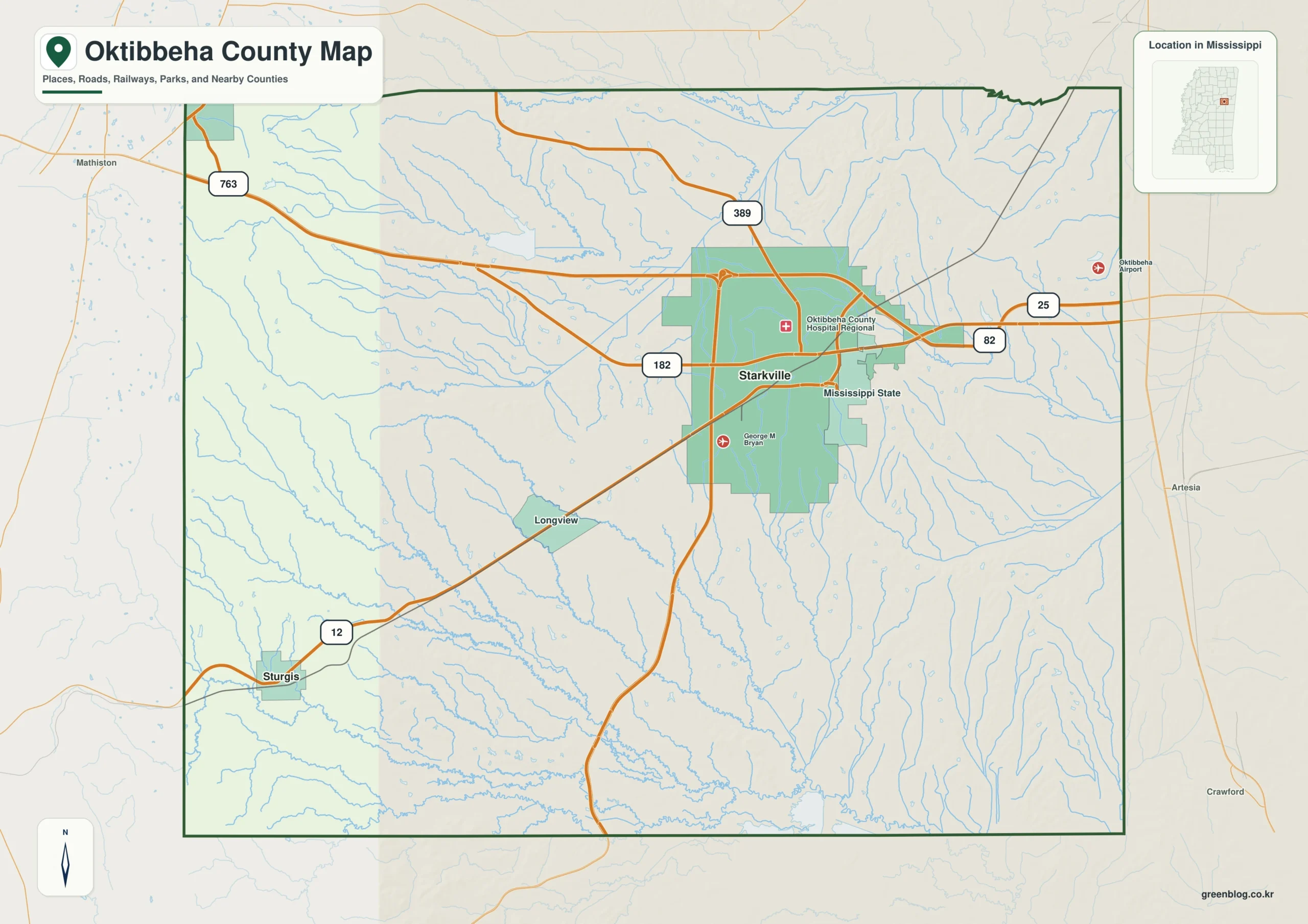 Oktibbeha County Mississippi map showing Starkville, selected communities, roads, and landscape features