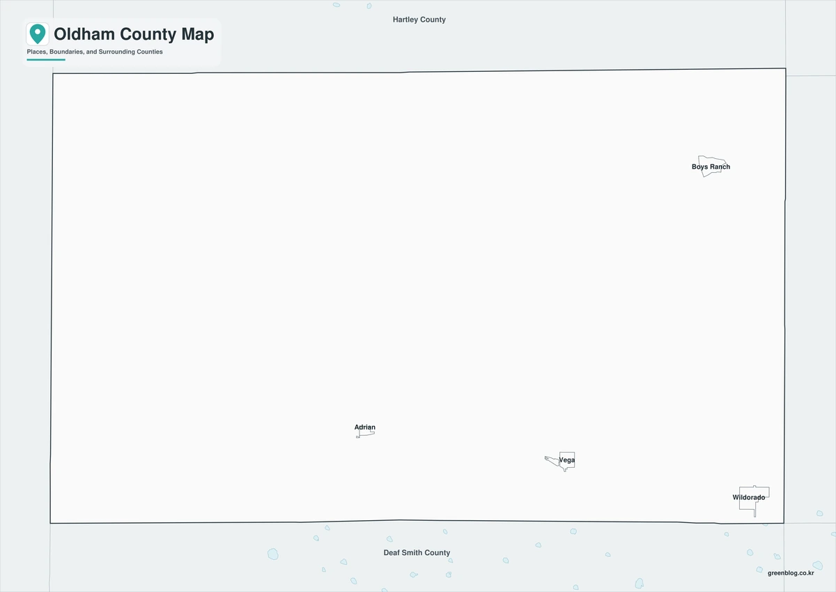Black-and-white Oldham County map with selected communities and county boundaries