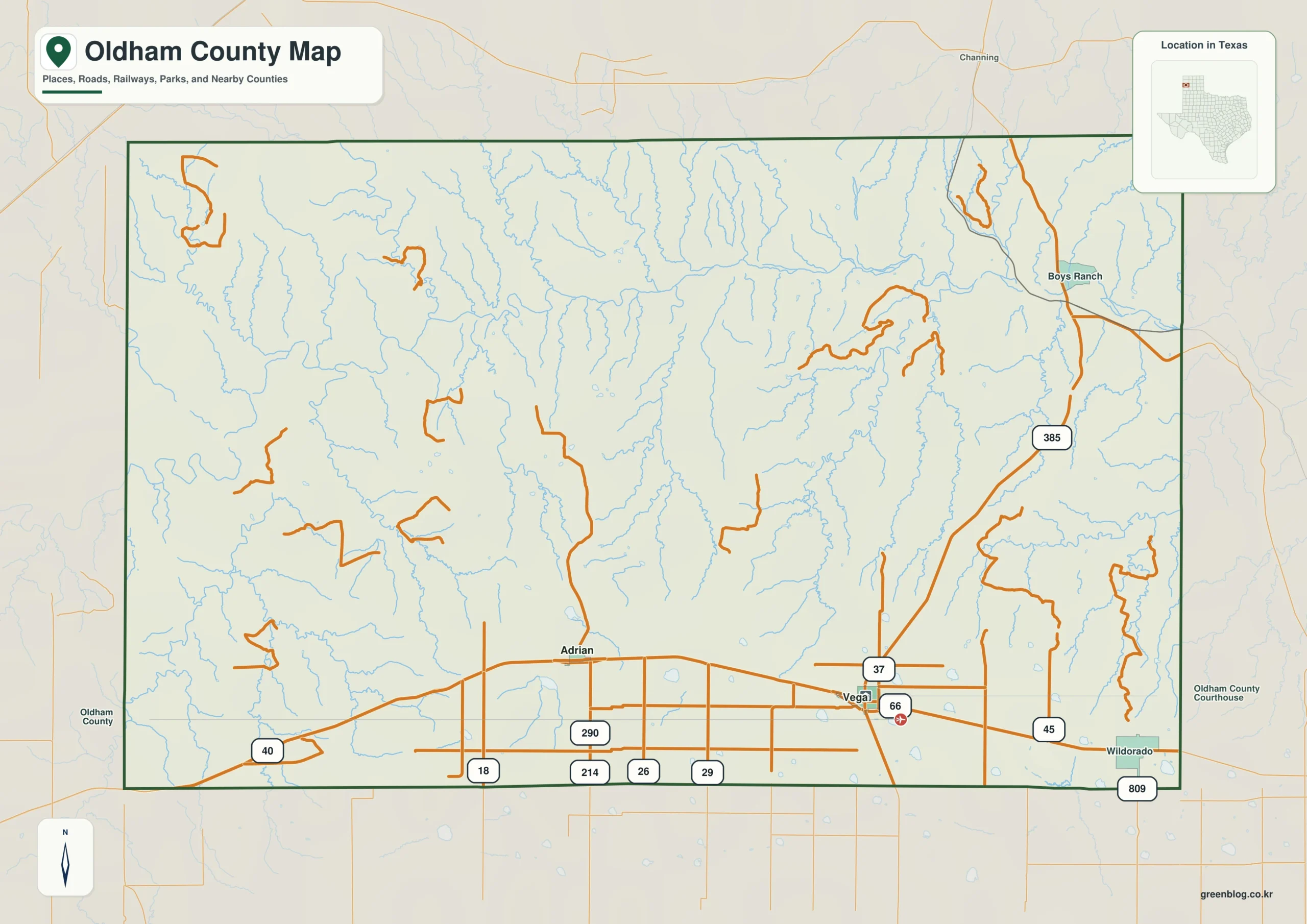 Oldham County Texas map showing Vega, Adrian, Wildorado
