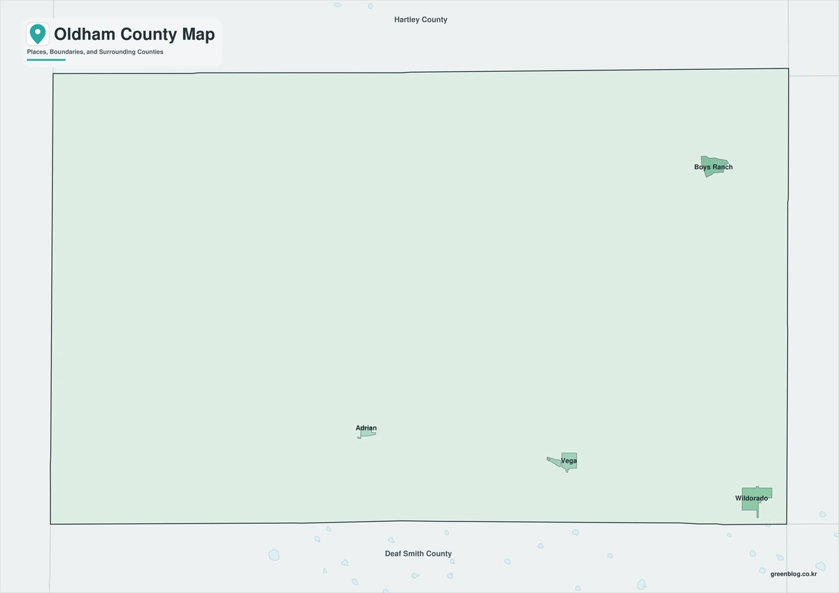 베가·에이드리언·보이스랜치와 주변 카운티를 구분한 올덤 카운티 색상 지도
