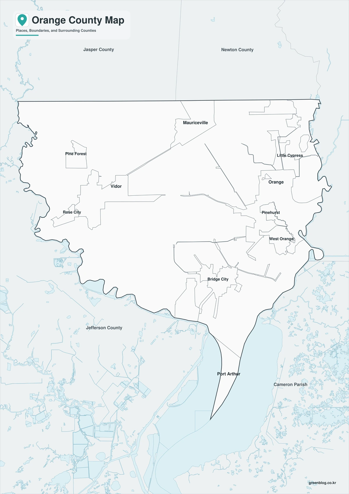 Black-and-white Orange County map with selected cities and water boundaries