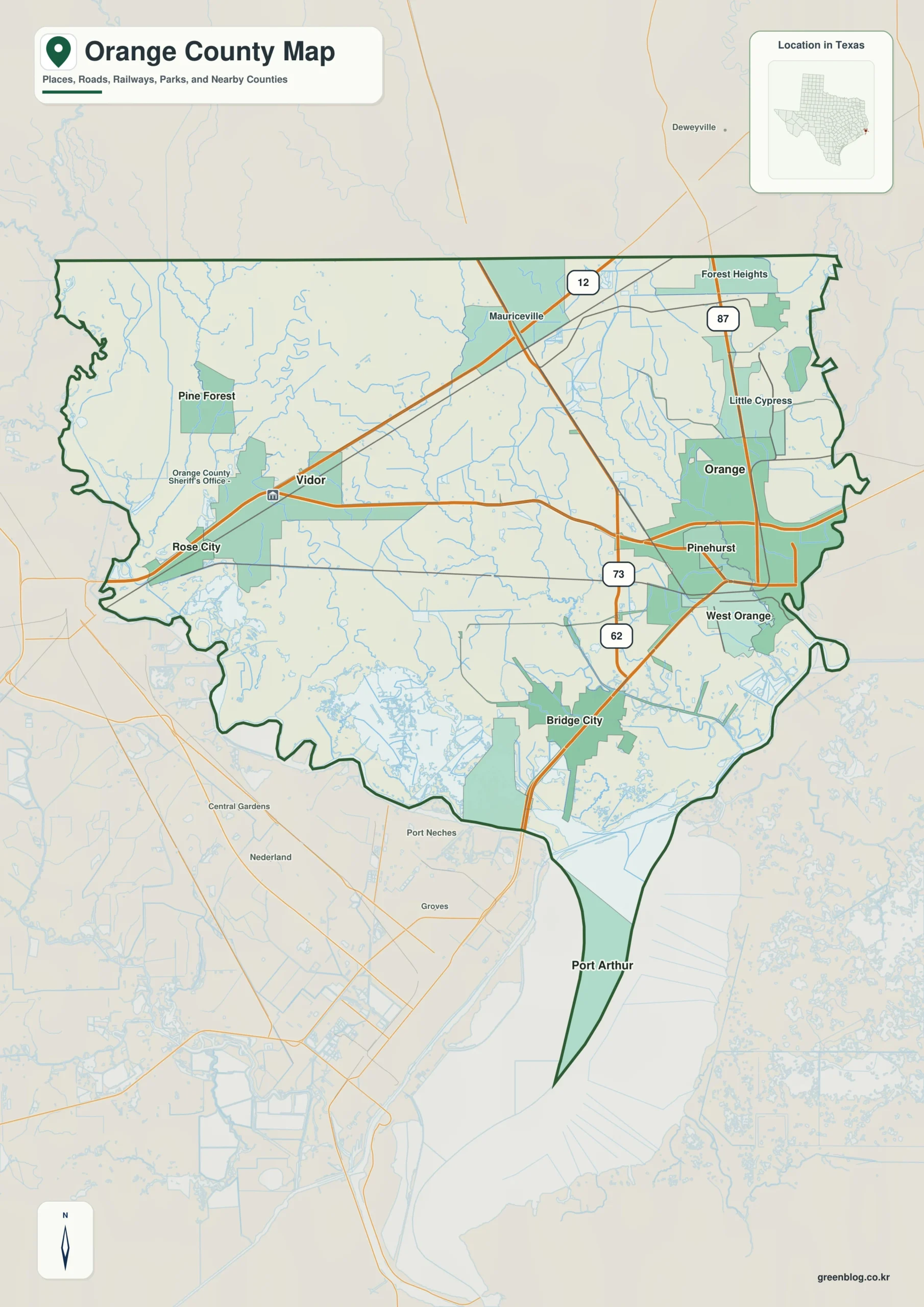 Orange County Texas map showing Orange, Bridge City, Vidor