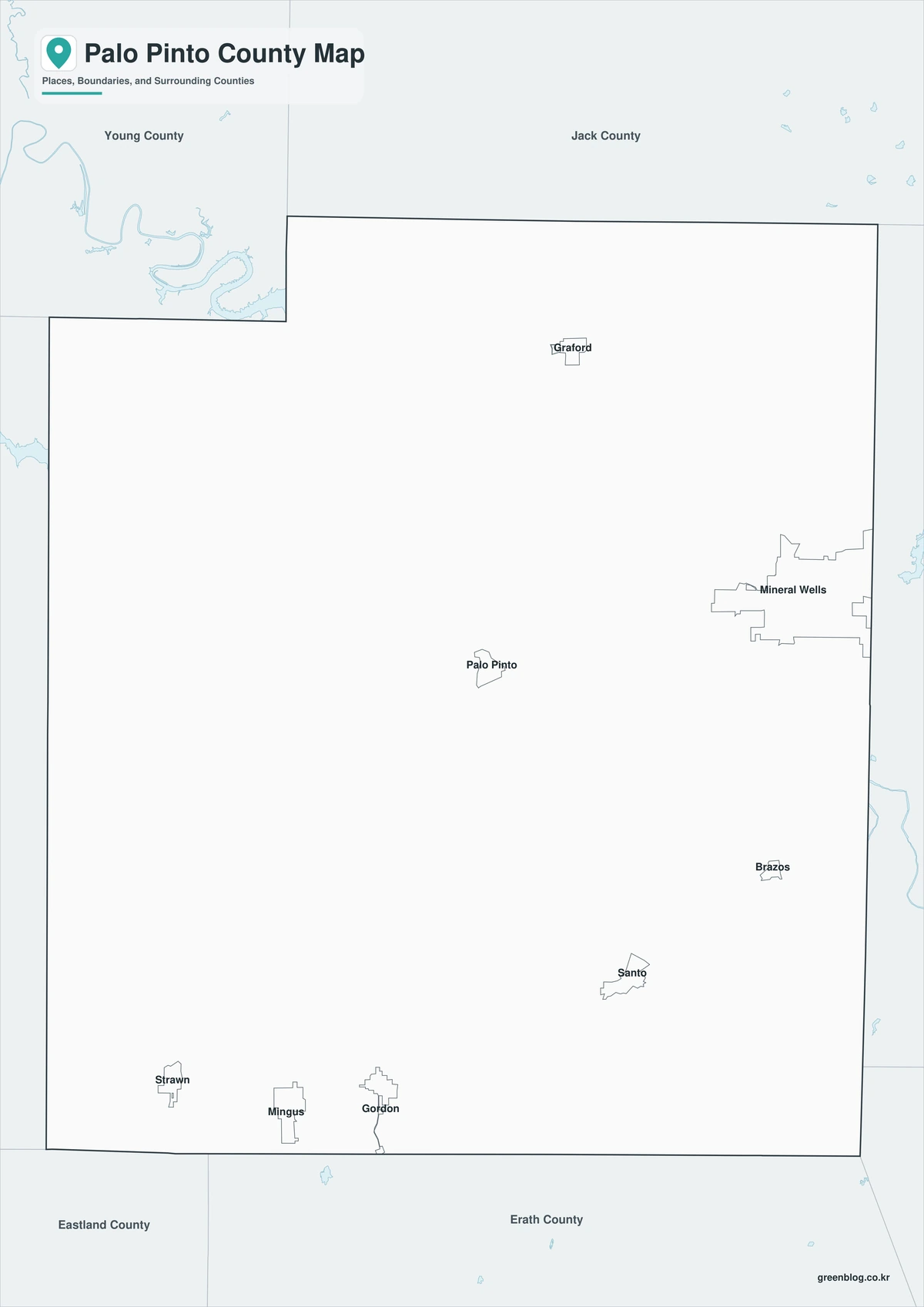 Black-and-white Palo Pinto County map with selected communities and boundaries