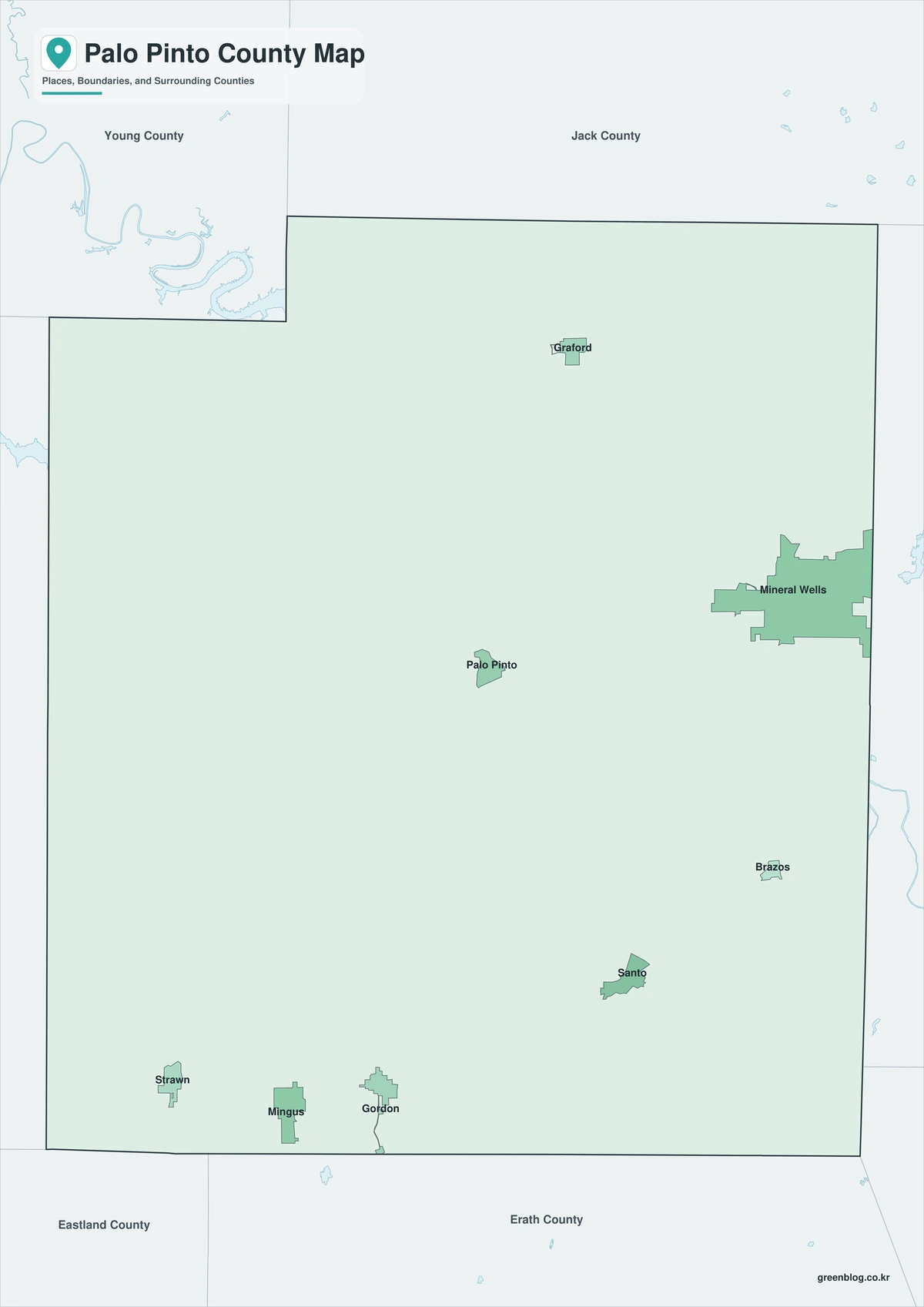 Color map of Palo Pinto County with Mineral Wells, Palo Pinto, Graford, and Strawn