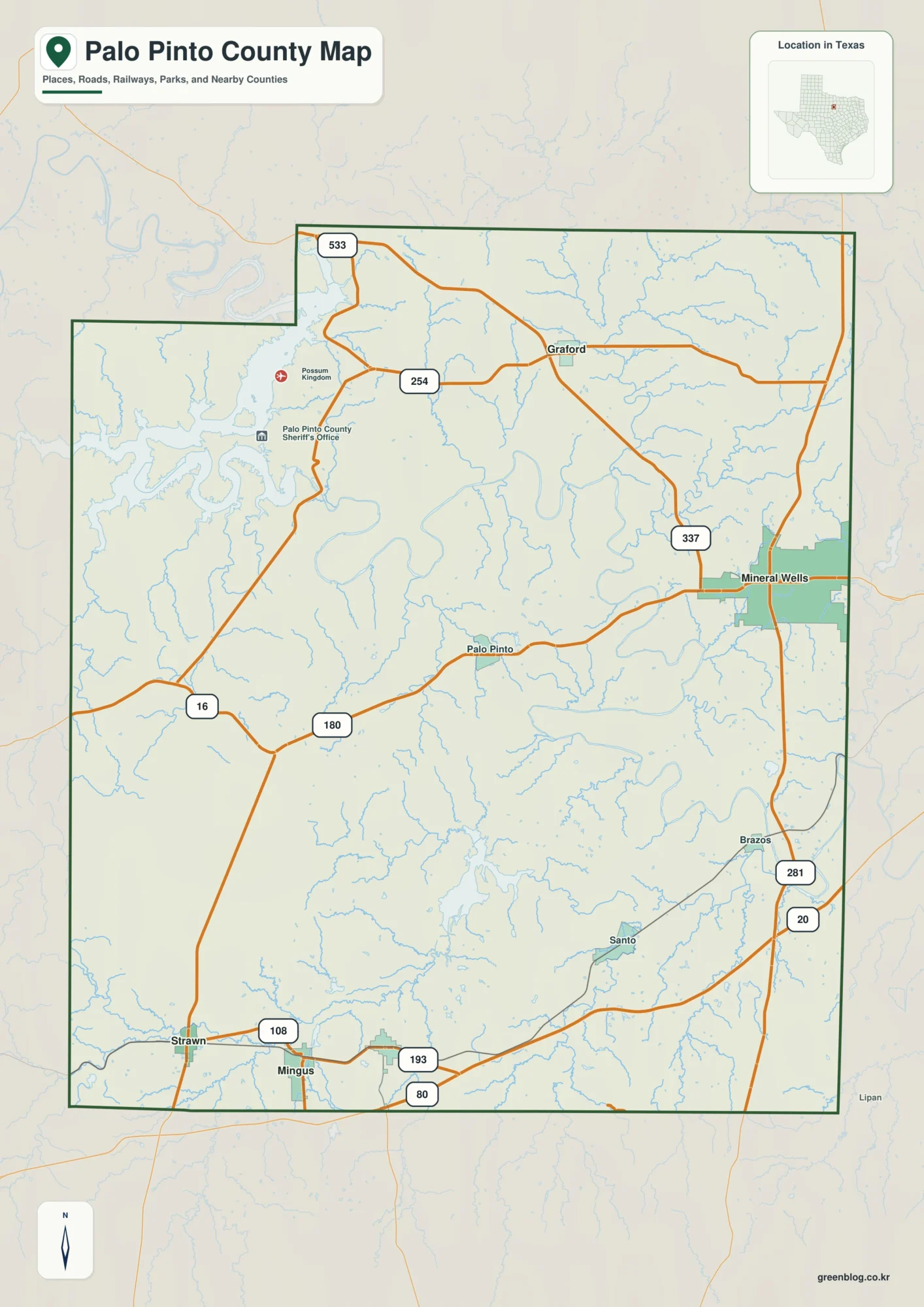 Palo Pinto County Texas map showing Palo Pinto, Mineral Wells, Strawn
