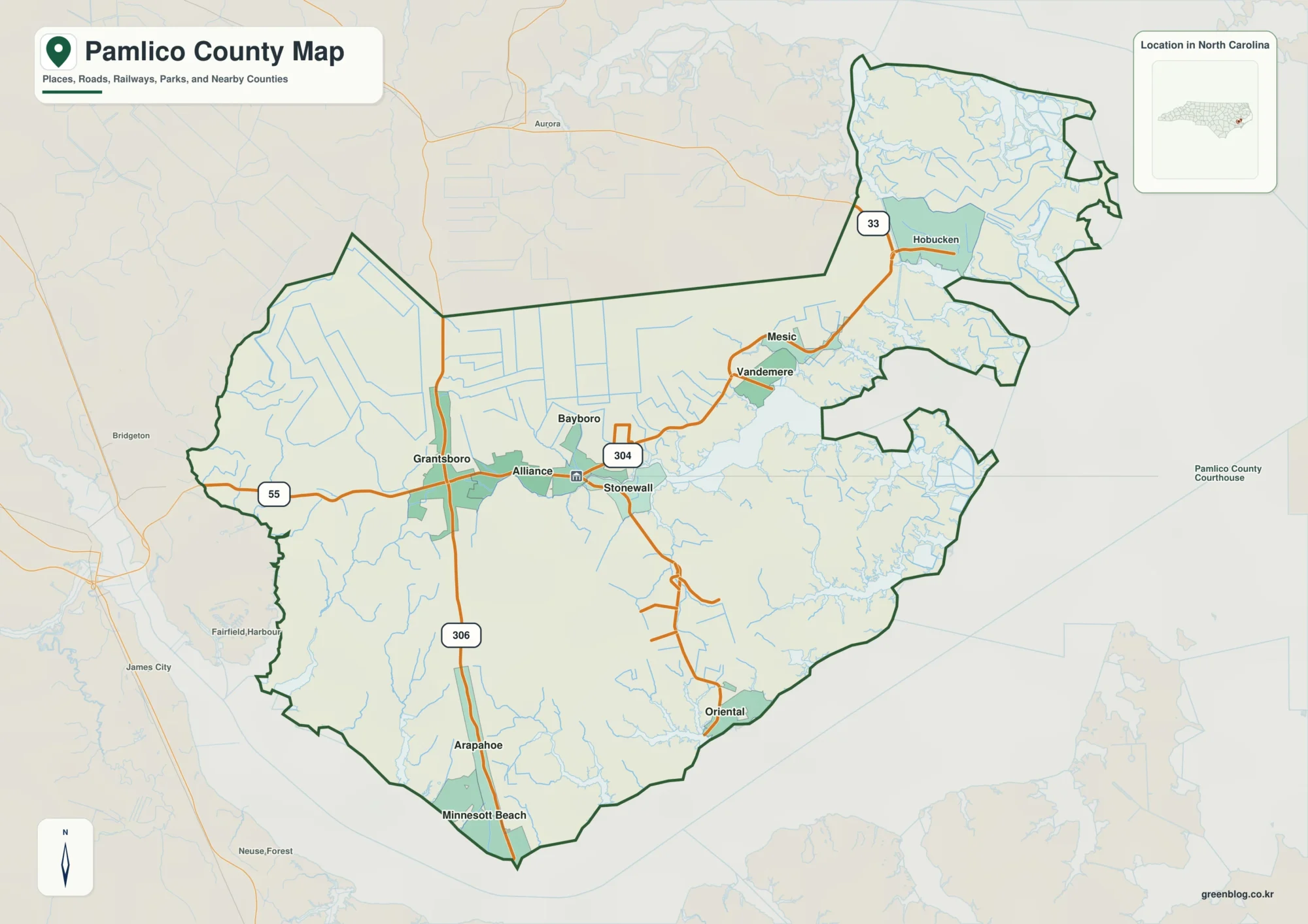 Pamlico County North Carolina map showing Bayboro and Neuse River
