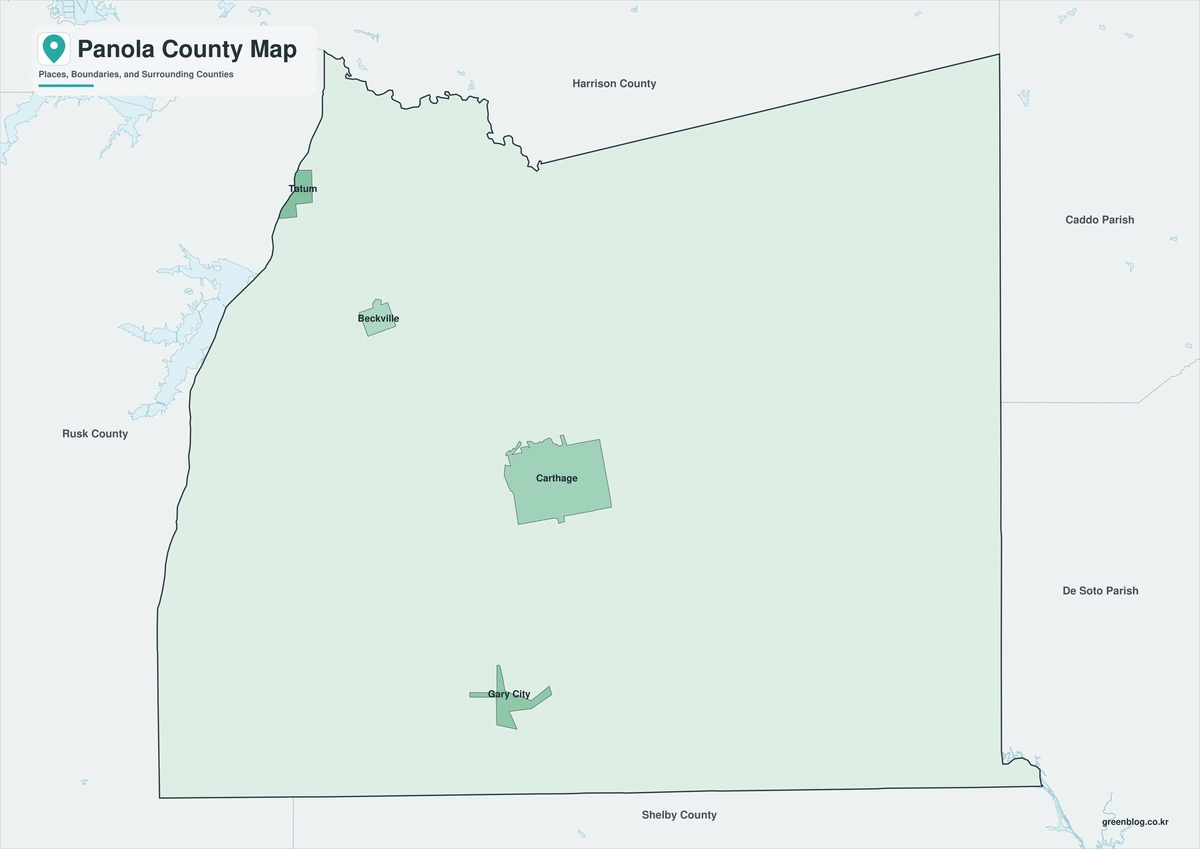 Color map of Panola County with Carthage, Beckville, Gary City, and Tatum