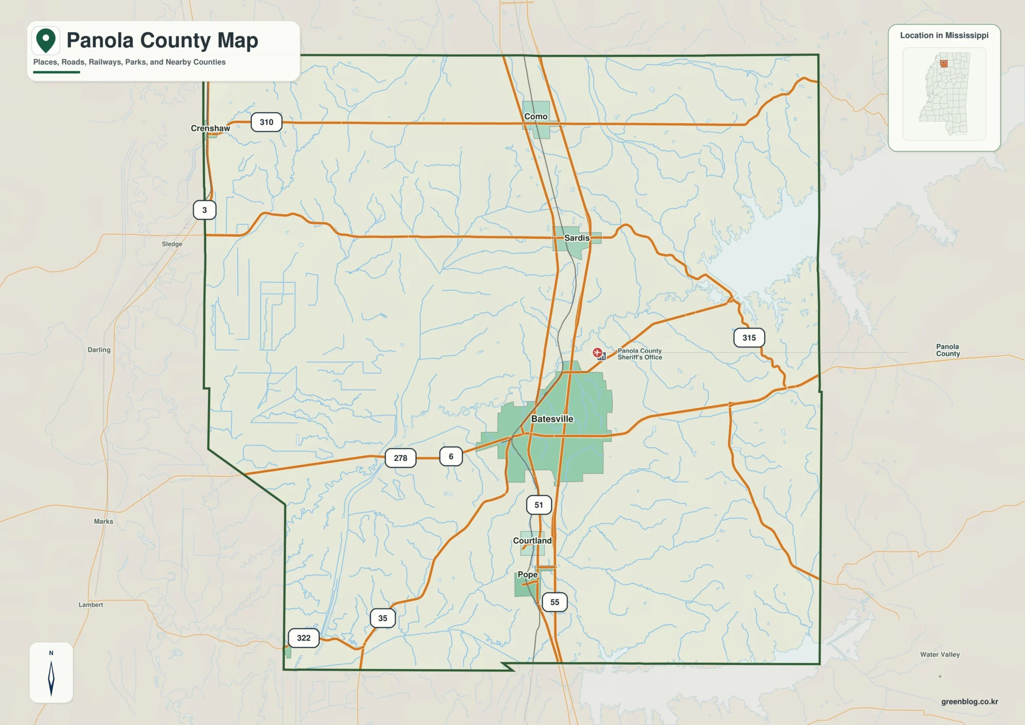 Panola County Mississippi map showing Batesville and Sardis, selected communities, roads, and landscape features