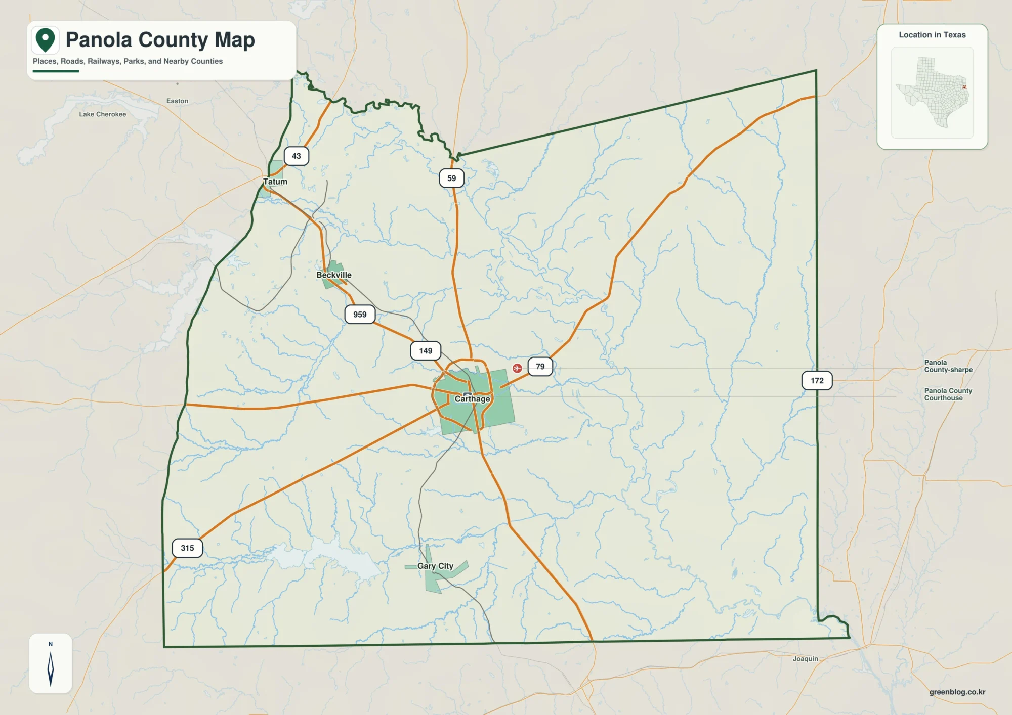 Panola County Texas map showing Carthage, Beckville, Gary City