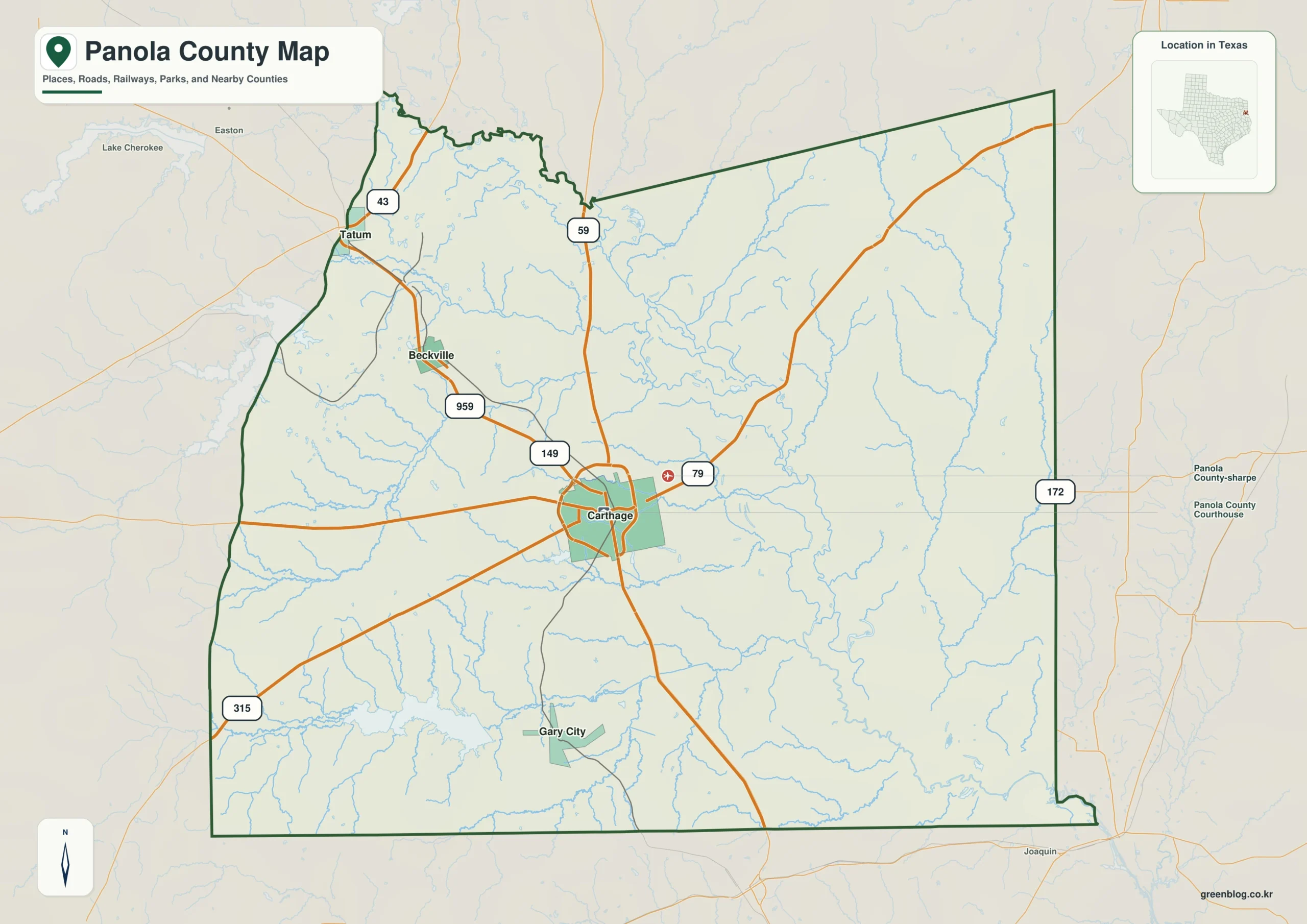 Panola County Texas map showing Carthage, Beckville, Gary City