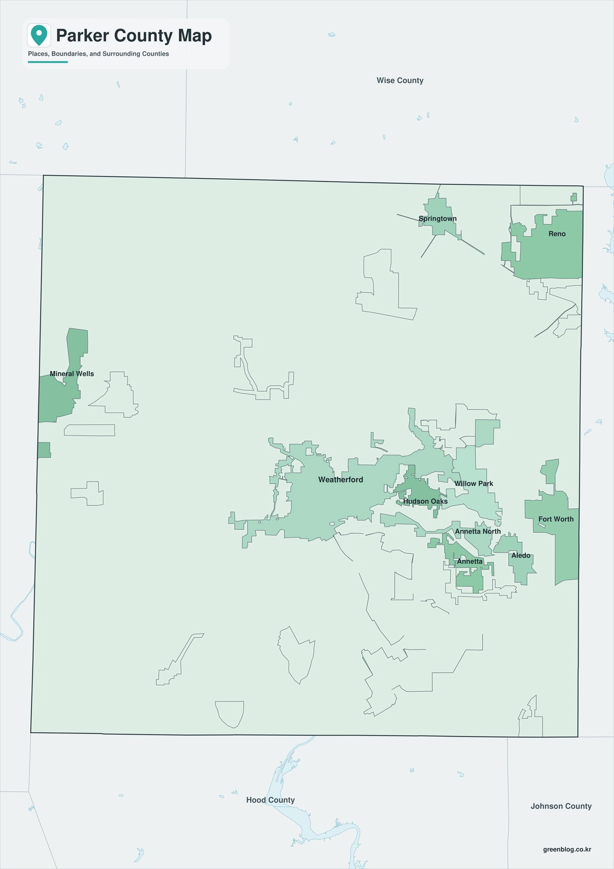 Color map of Parker County with Weatherford, Aledo, Willow Park, Hudson Oaks, and Springtown