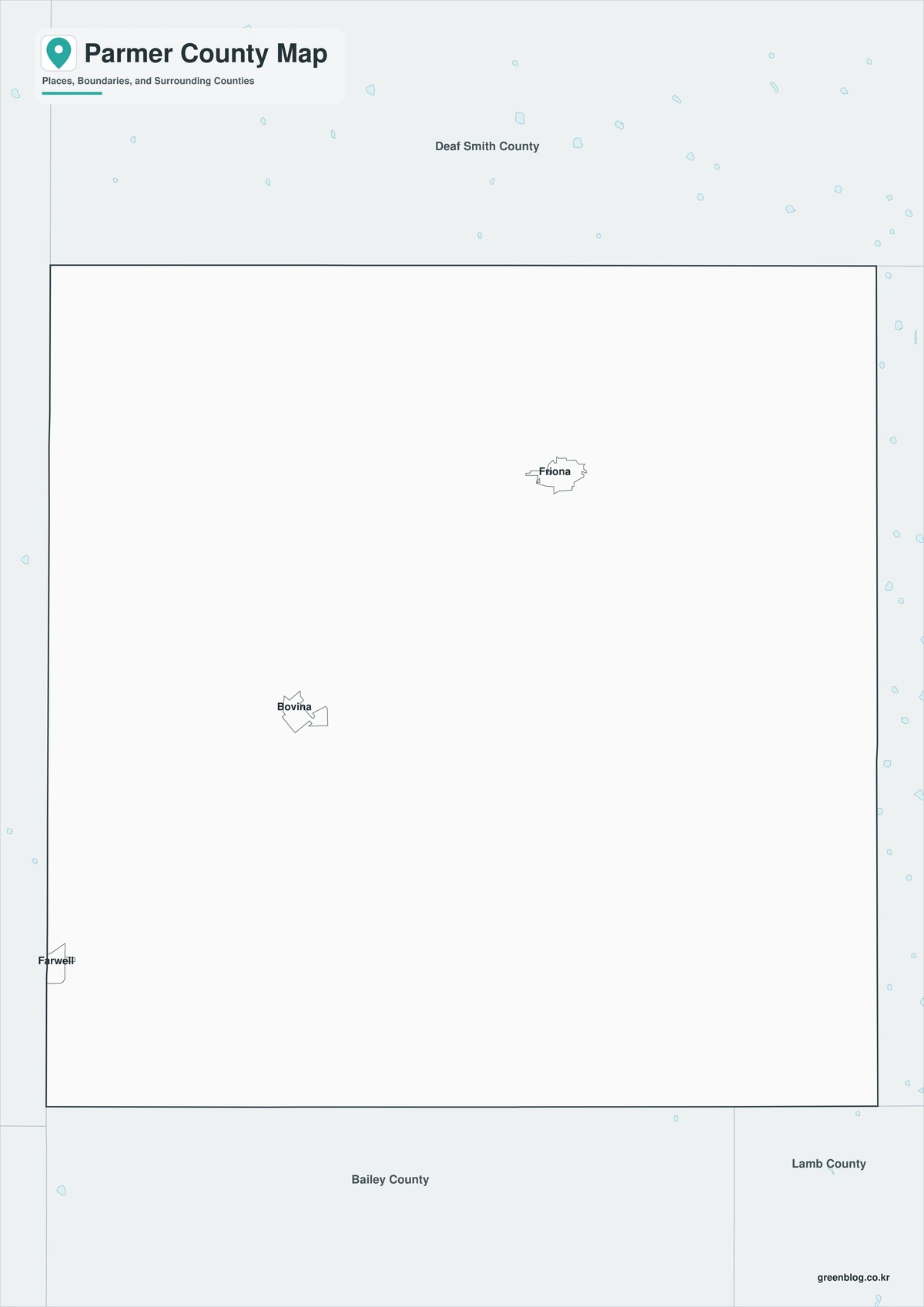 Black-and-white map of Parmer County with major place names and boundaries