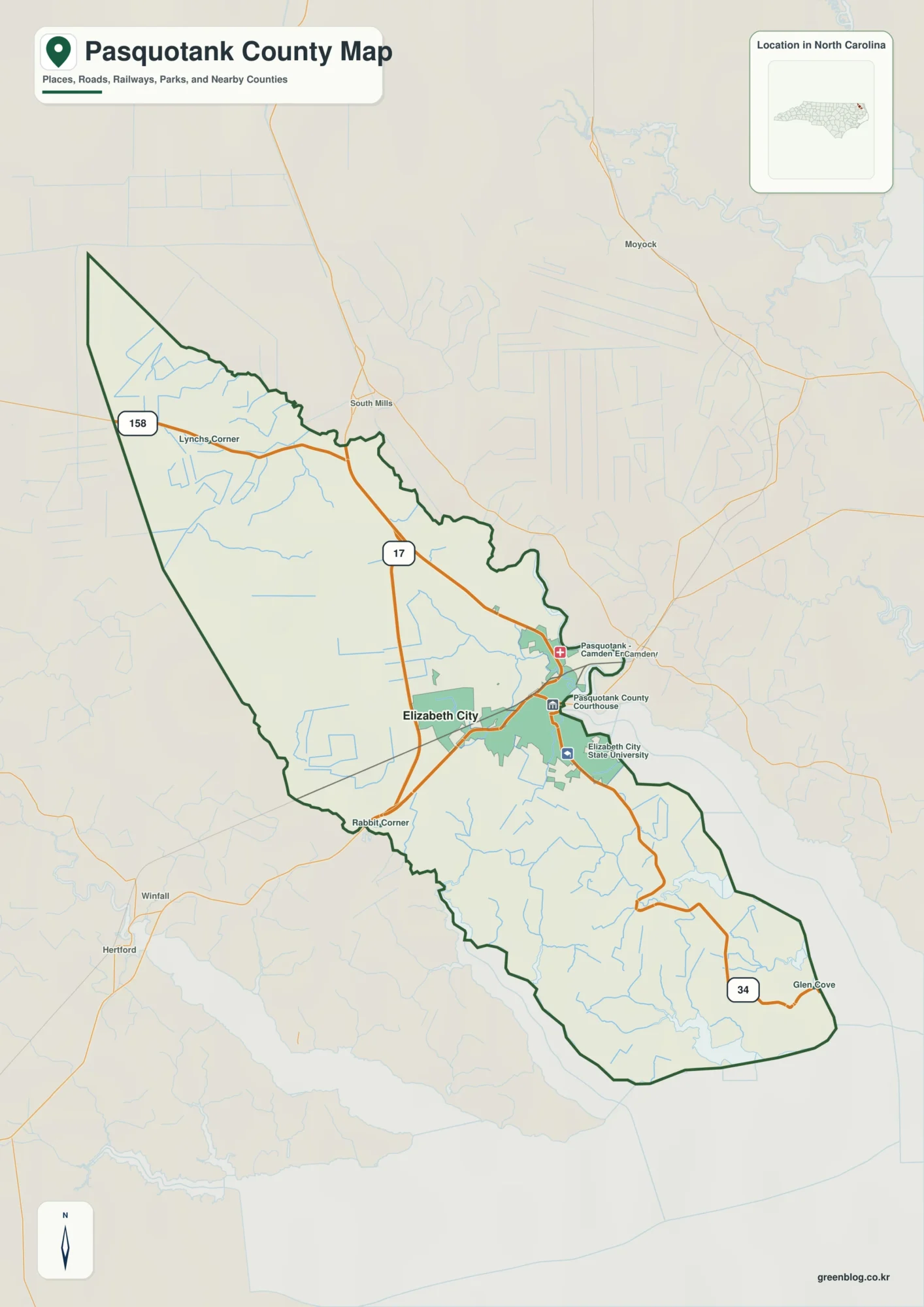 Pasquotank County North Carolina map showing Elizabeth City and Pasquotank River
