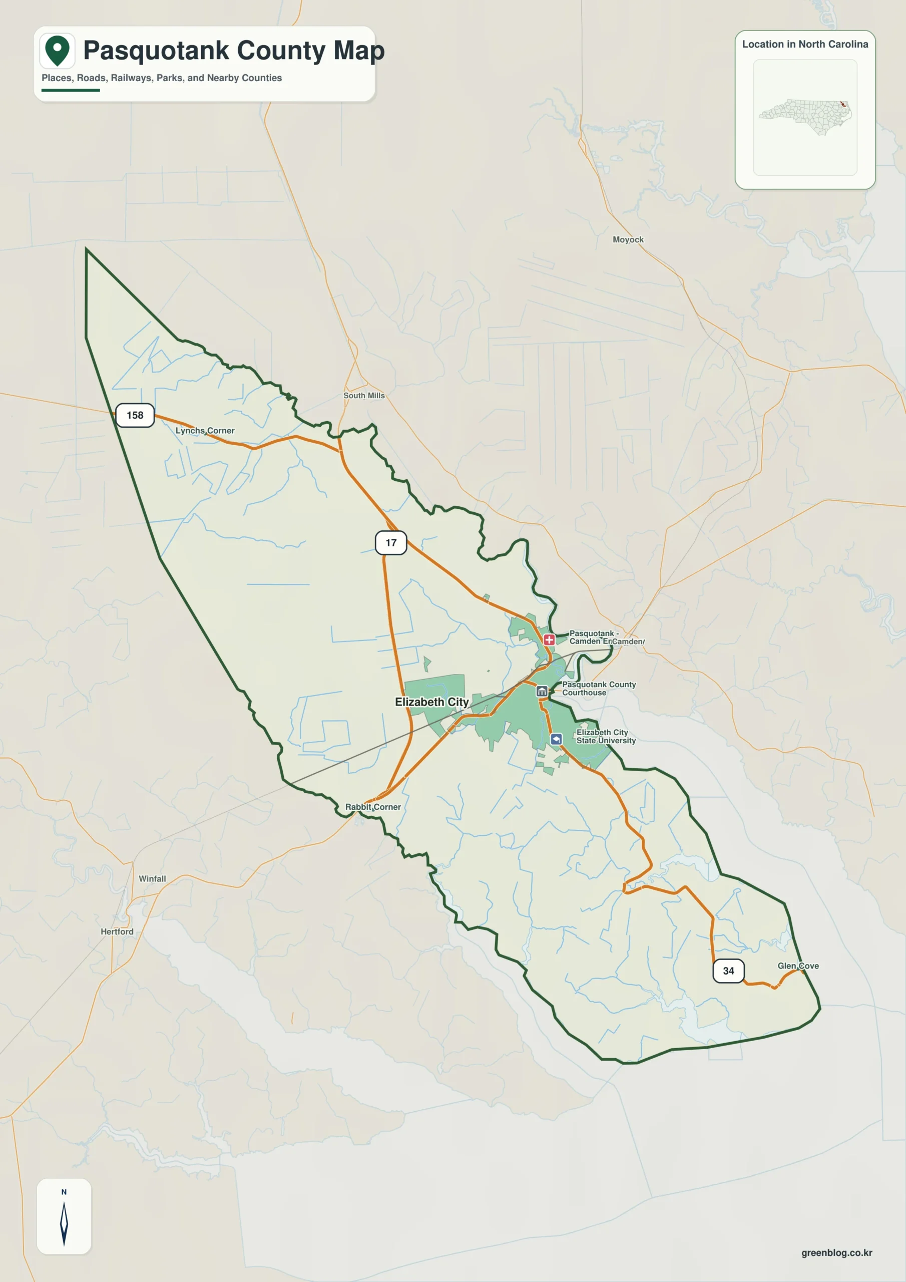 Pasquotank County North Carolina map showing Elizabeth City and Pasquotank River