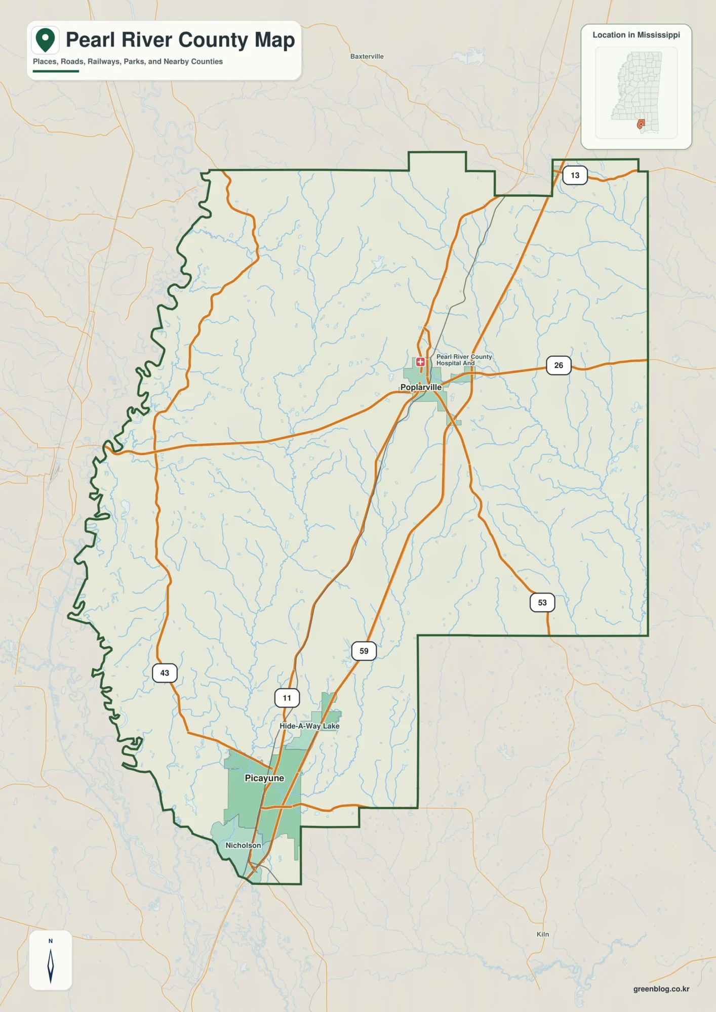 Pearl River County Mississippi map showing Poplarville, selected communities, roads, and landscape features