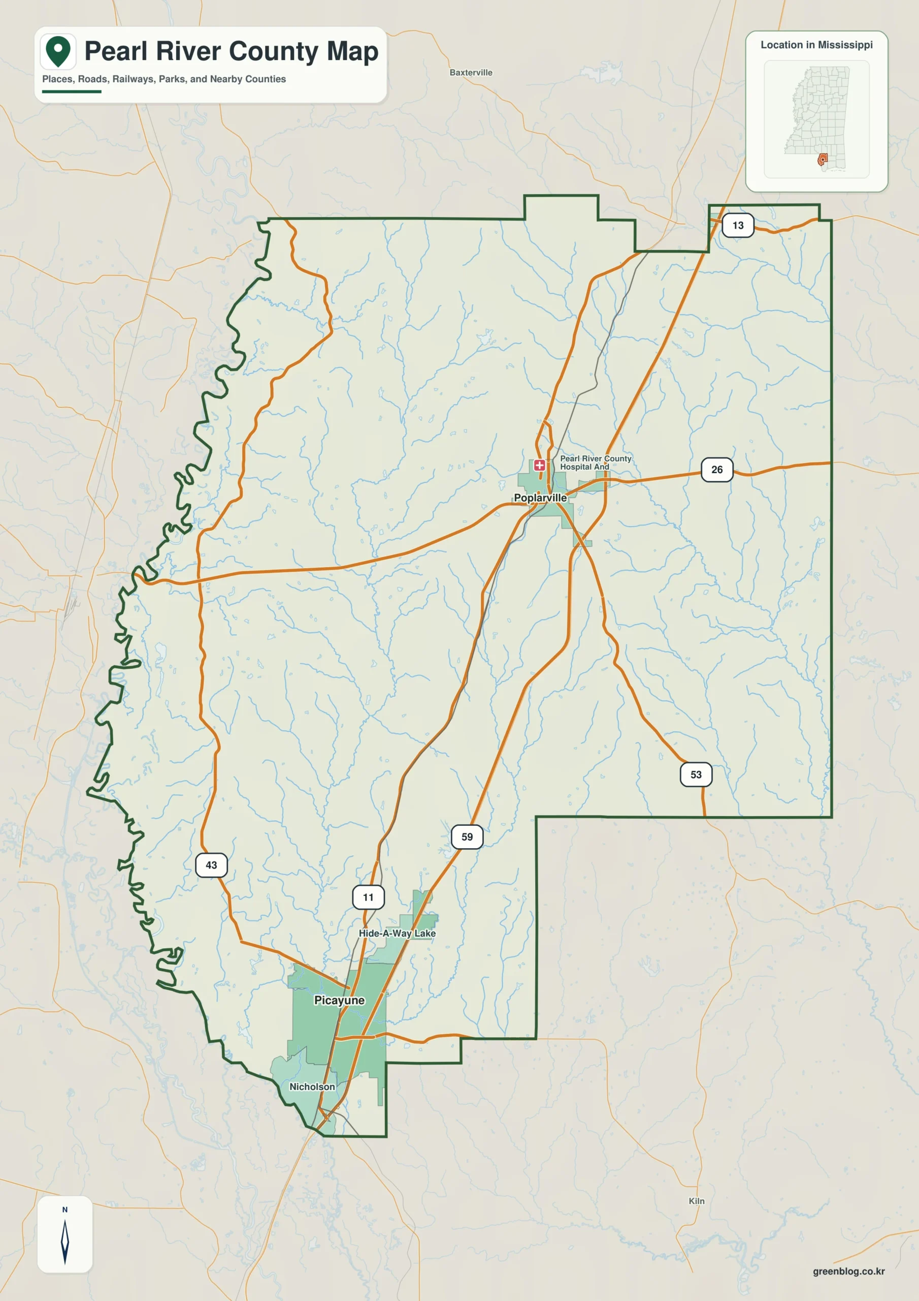 Pearl River County Mississippi map showing Poplarville, selected communities, roads, and landscape features