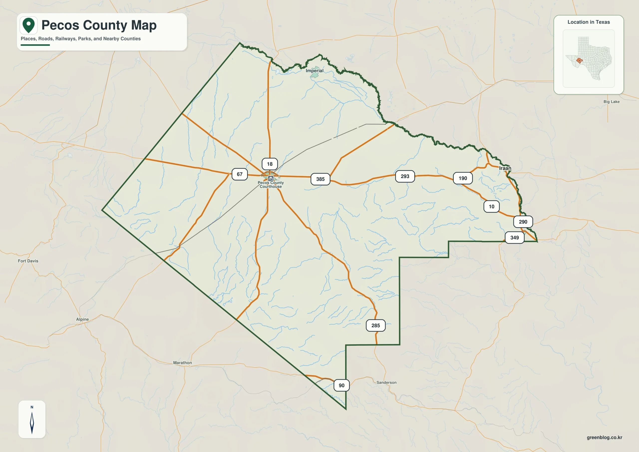 Pecos County Texas map showing Fort Stockton, Iraan, Imperial
