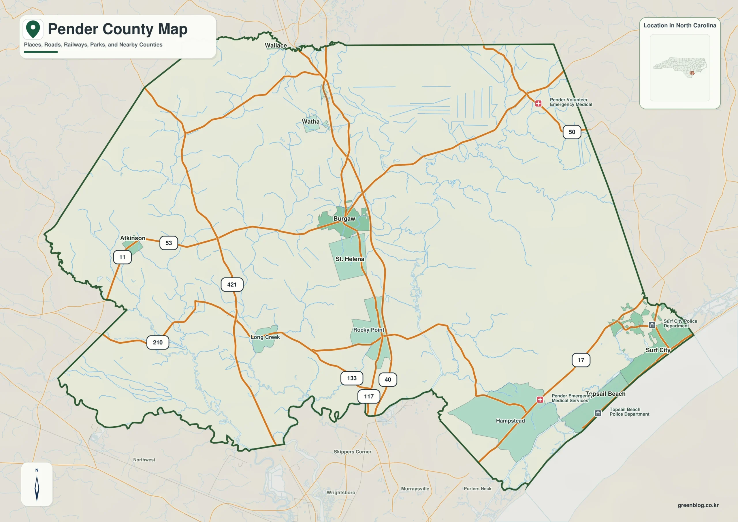Pender County North Carolina map showing Burgaw and Northeast Cape Fear River