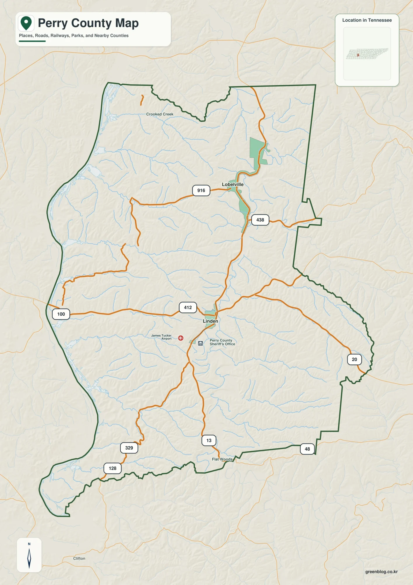 Perry County Tennessee map showing Linden, selected communities, roads, and natural features