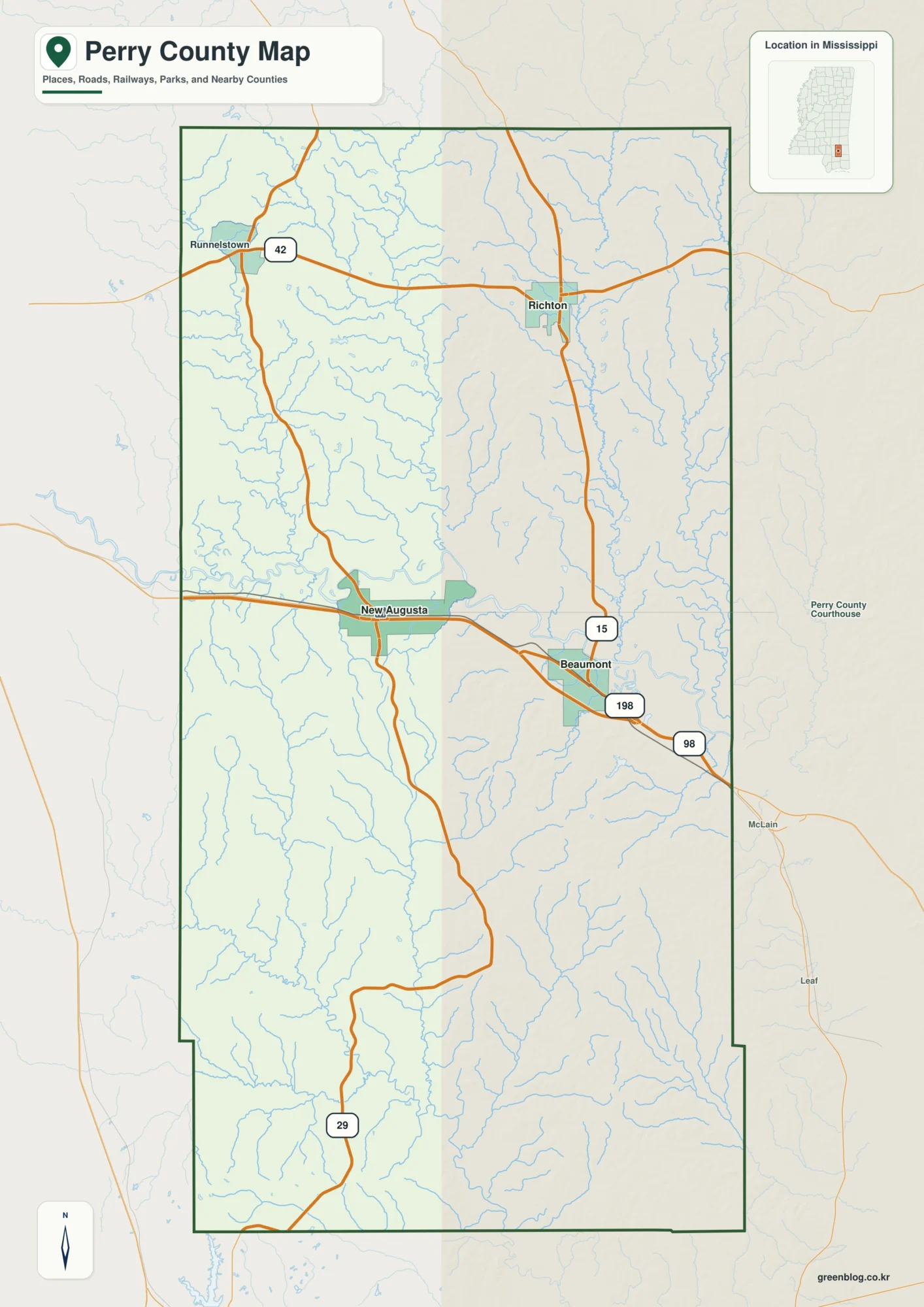 Perry County Mississippi map showing New Augusta, selected communities, roads, and landscape features