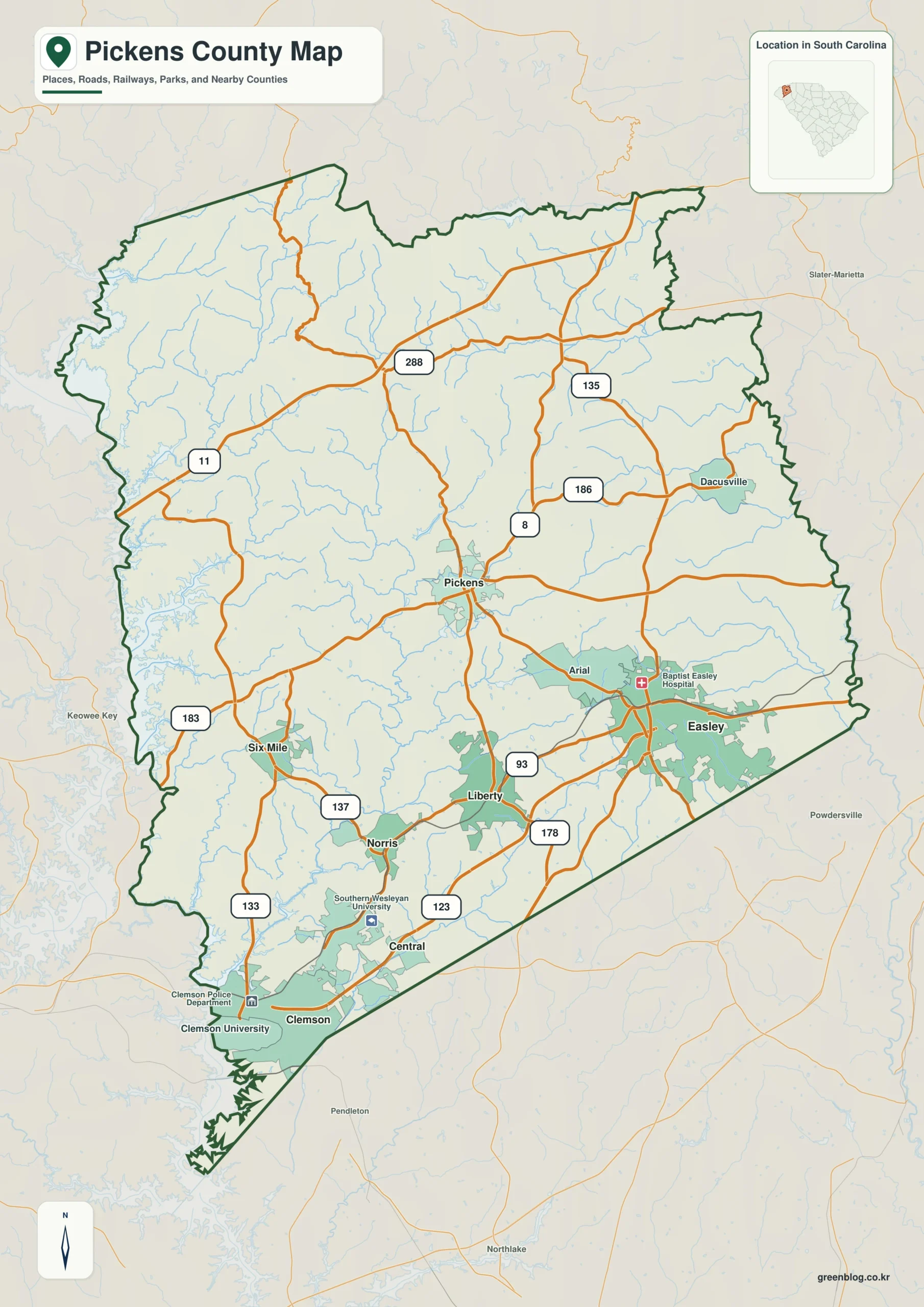 Pickens County South Carolina map with the county boundary and reference names for Pickens and Clemson