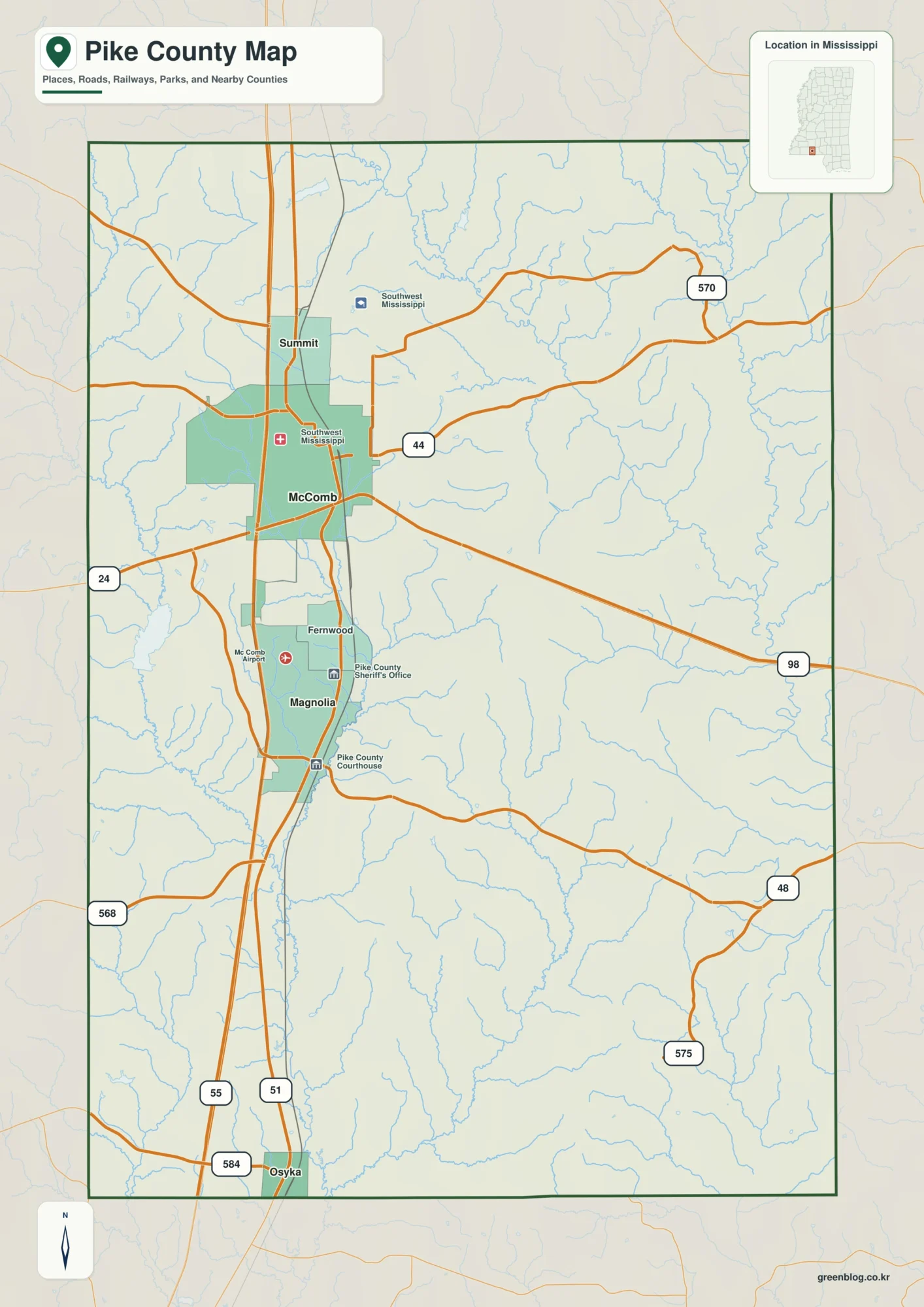 Pike County Mississippi map showing Magnolia, selected communities, roads, and landscape features