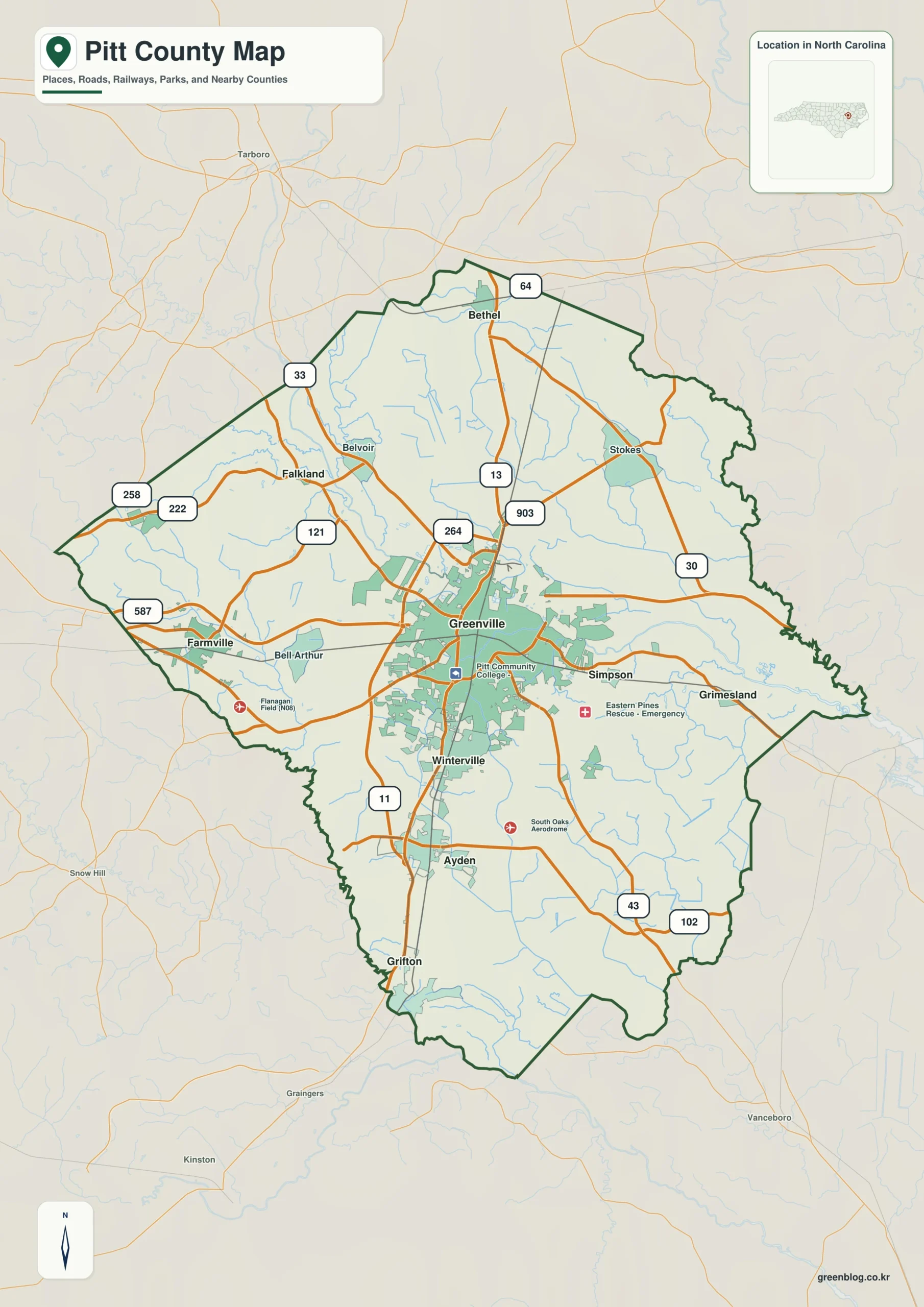 Pitt County North Carolina map showing Greenville and Tar River