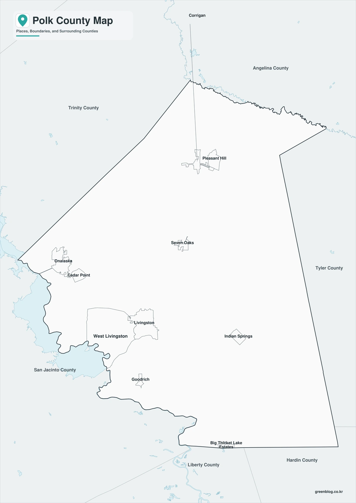 Black-and-white Polk County map with selected communities and county lines
