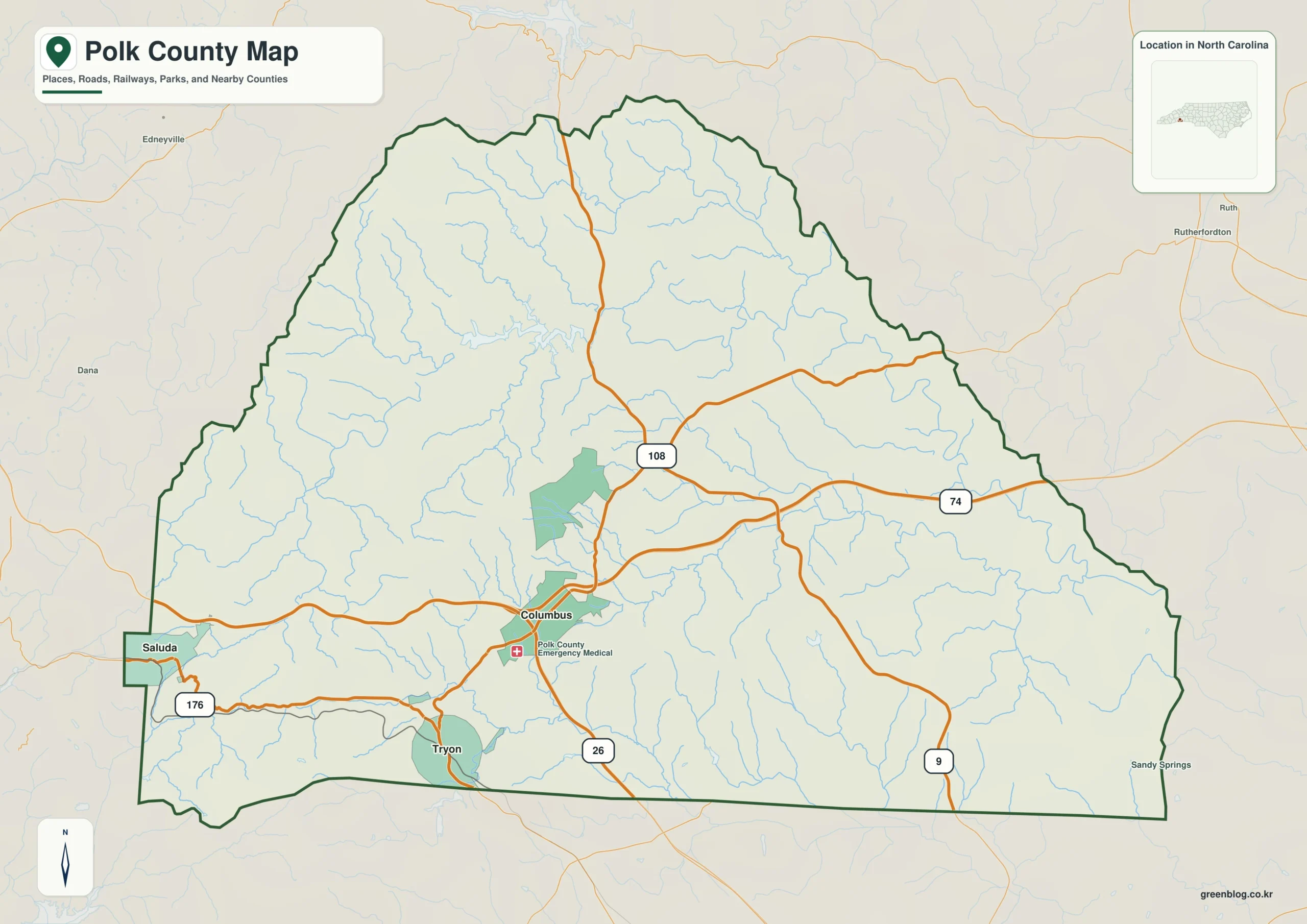 Polk County North Carolina map showing Columbus and Green River