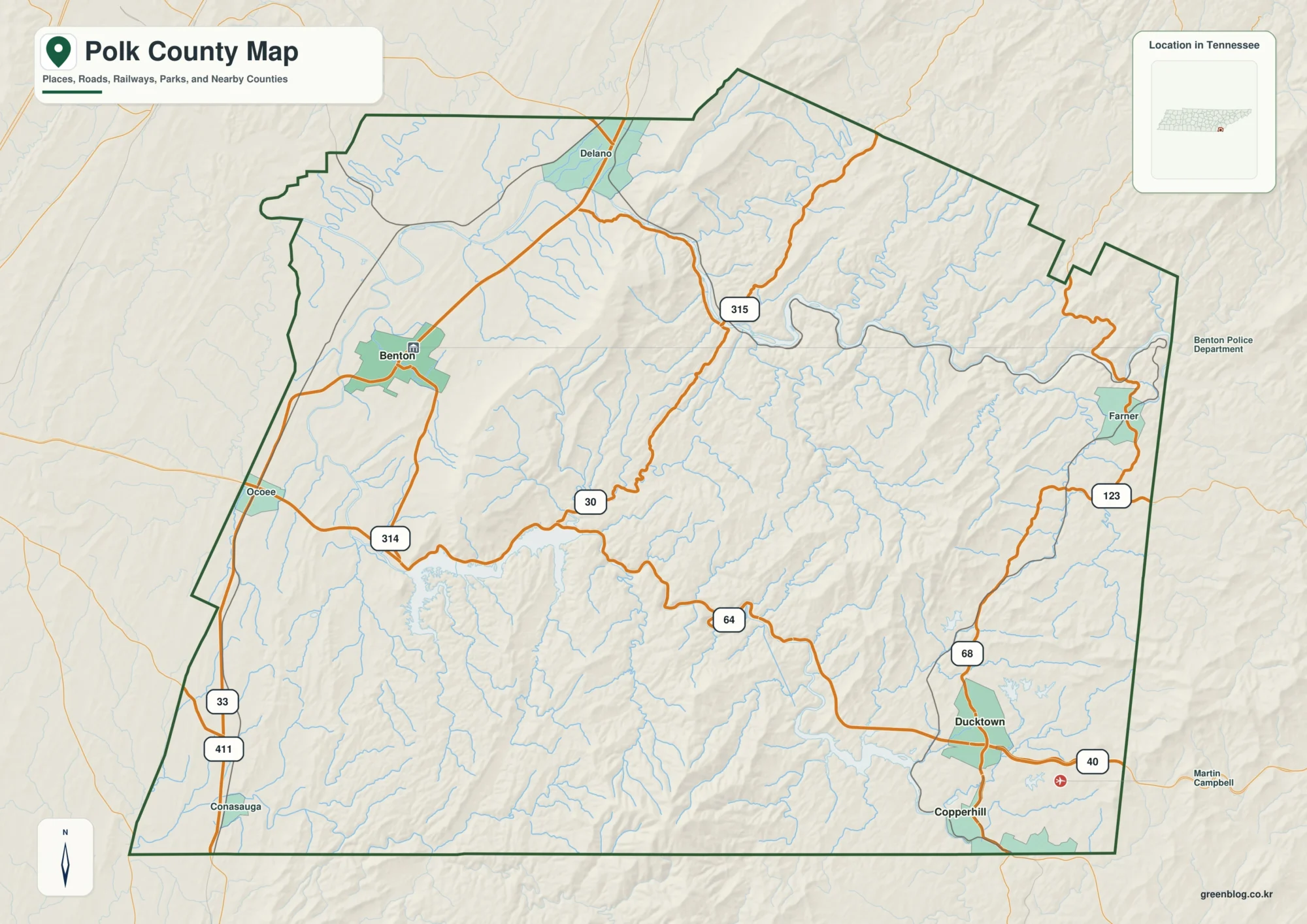 Polk County Tennessee map showing Benton, selected communities, roads, and natural features
