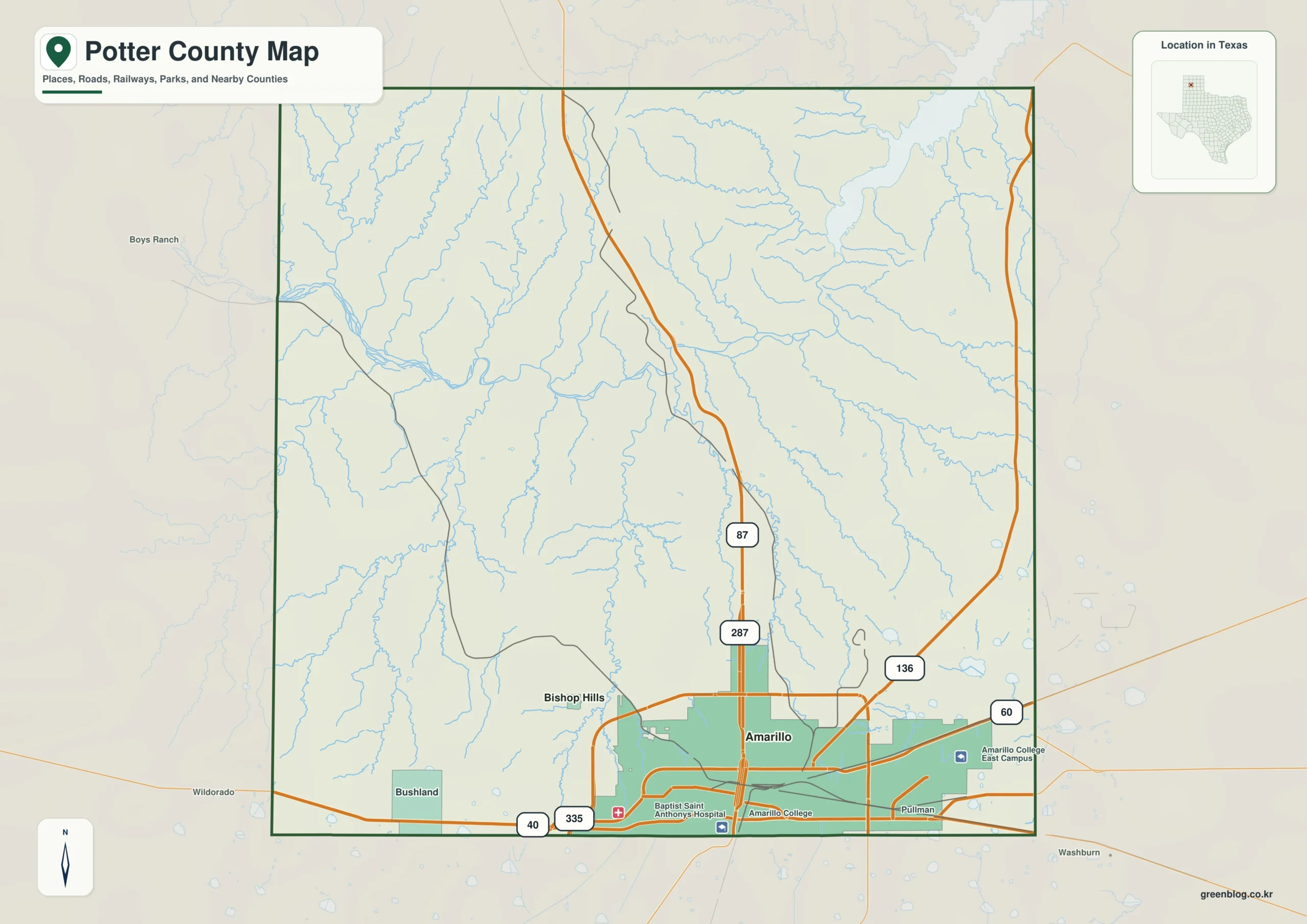 Potter County Texas map showing Amarillo, Bushland, Fritch-area