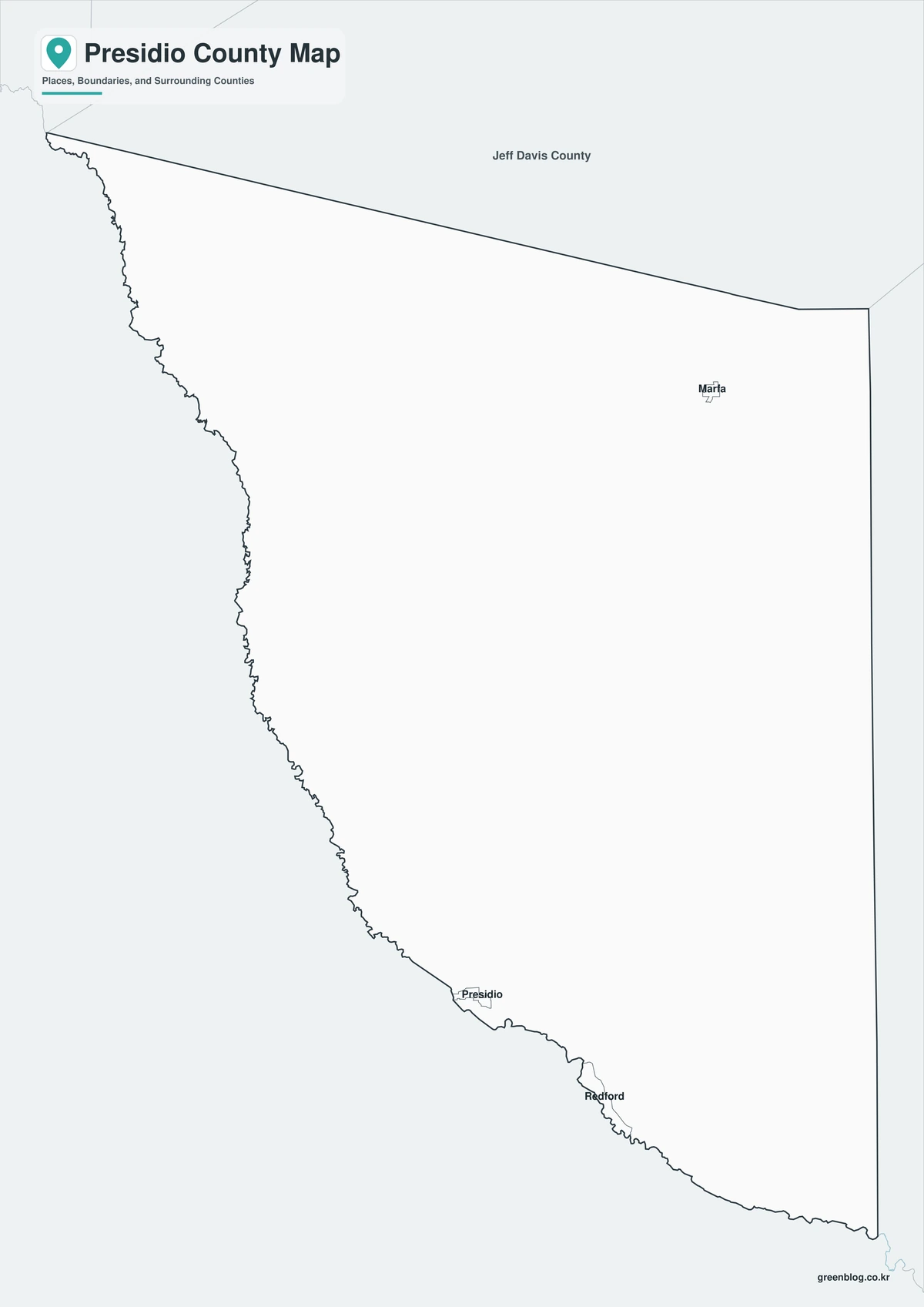 Black-and-white Presidio County map with selected communities and county boundaries