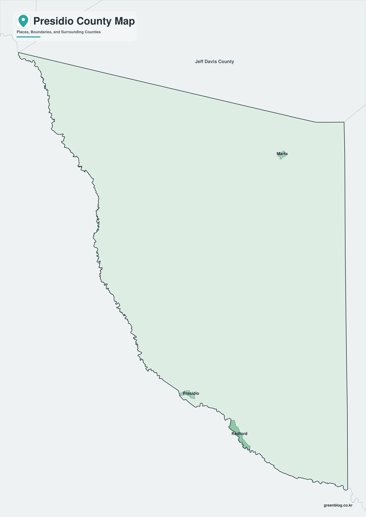 Color map of Presidio County with Marfa, Presidio, Shafter, and surrounding regions