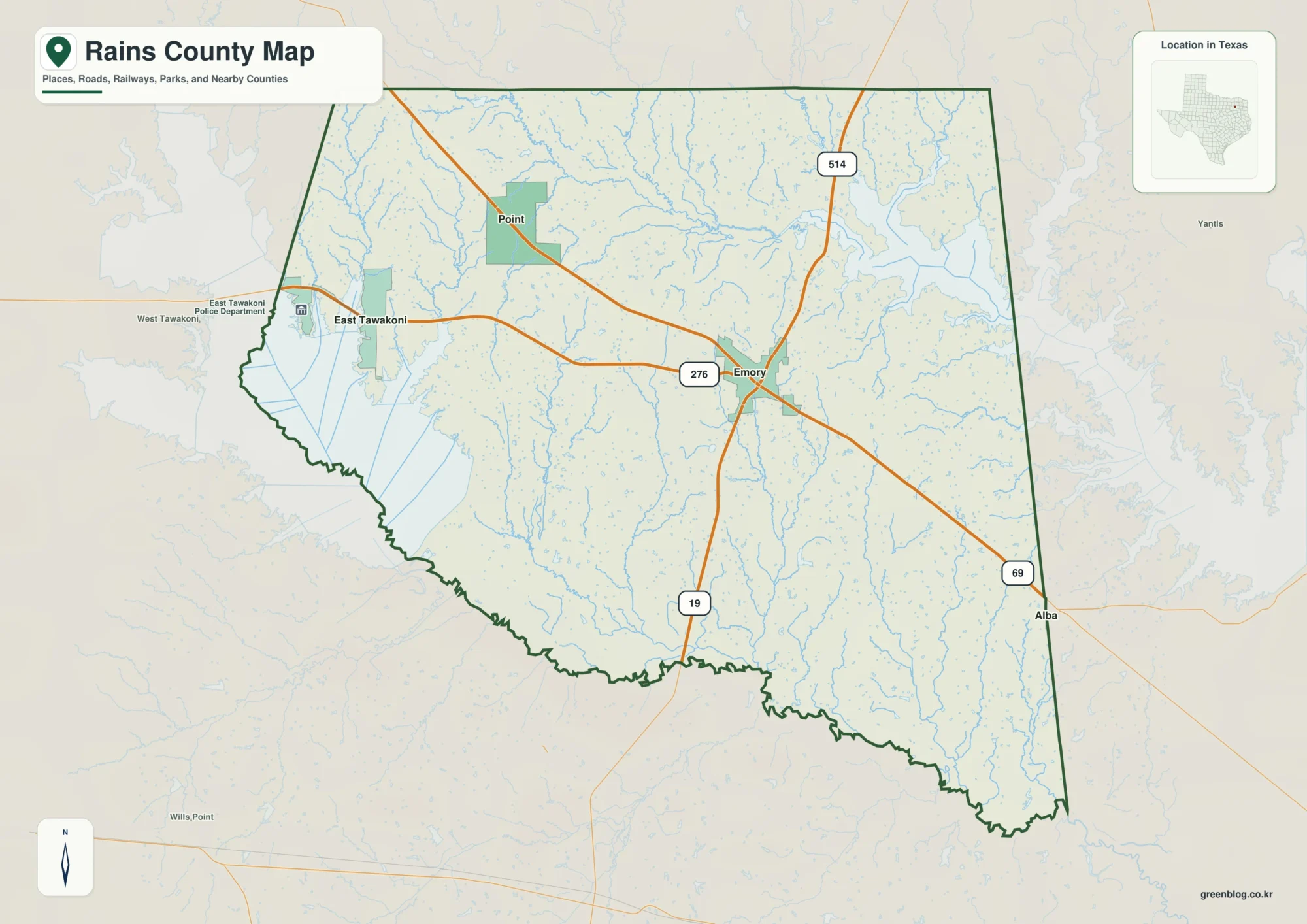 Rains County Texas map showing Emory, Point, East Tawakoni