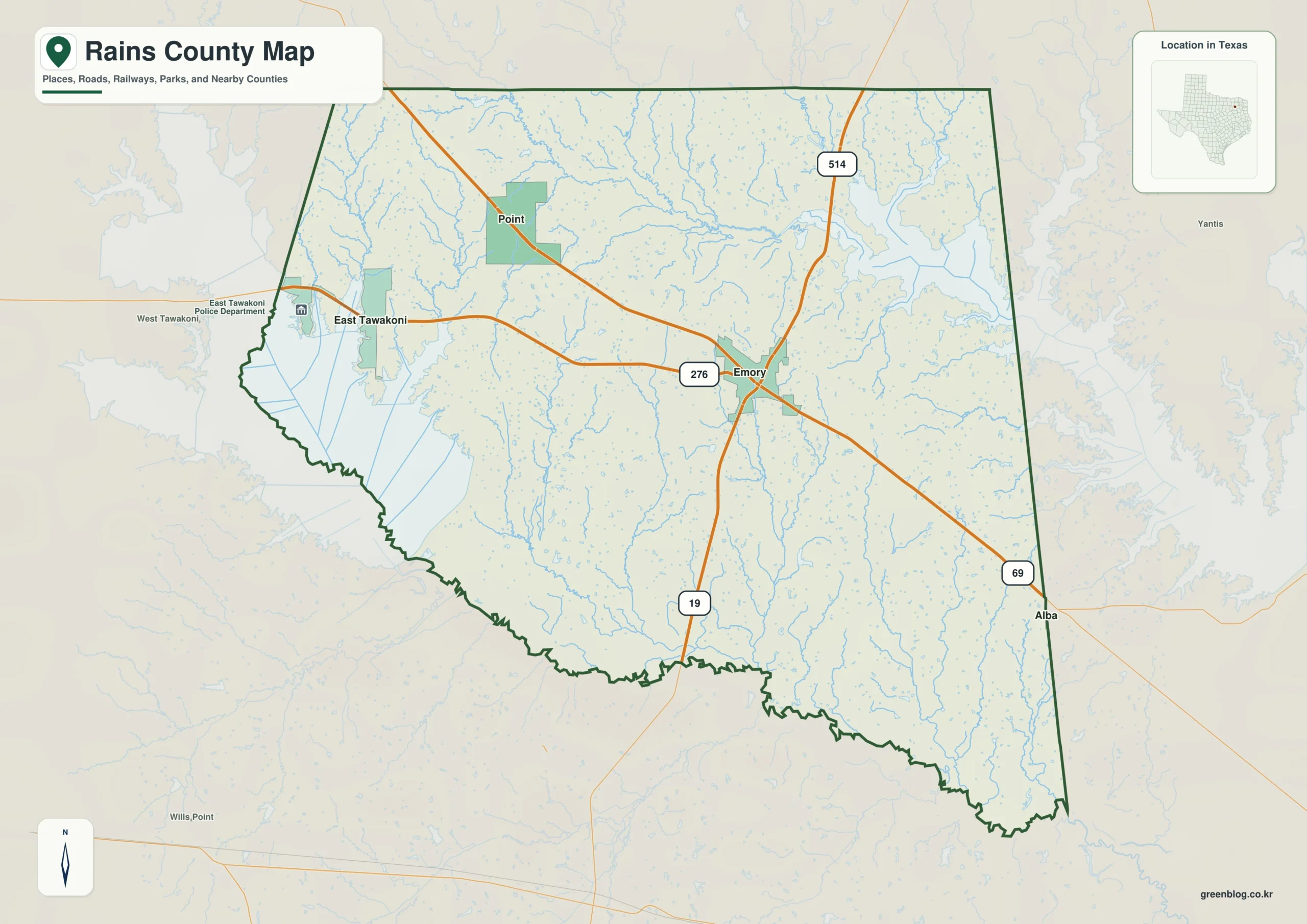 Rains County Texas map showing Emory, Point, East Tawakoni