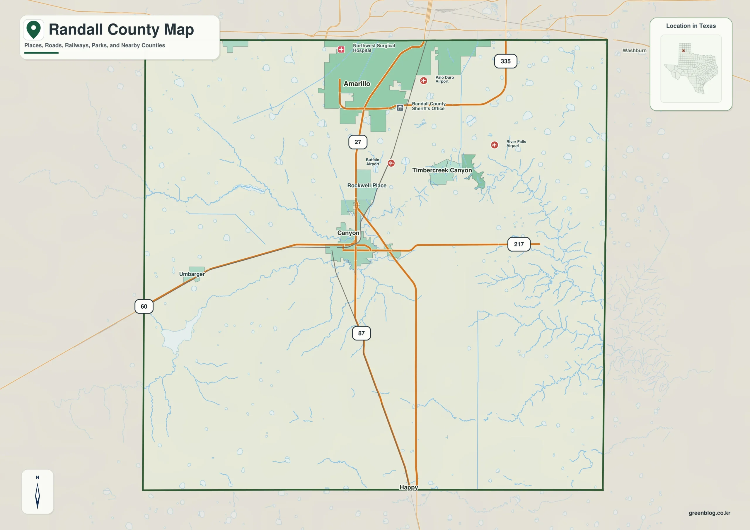 Randall County Texas map showing Canyon, south Amarillo, Happy
